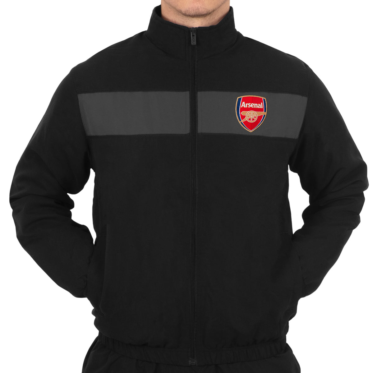 Arsenal adults tracksuit in black & grey with club crest to chest and left thigh