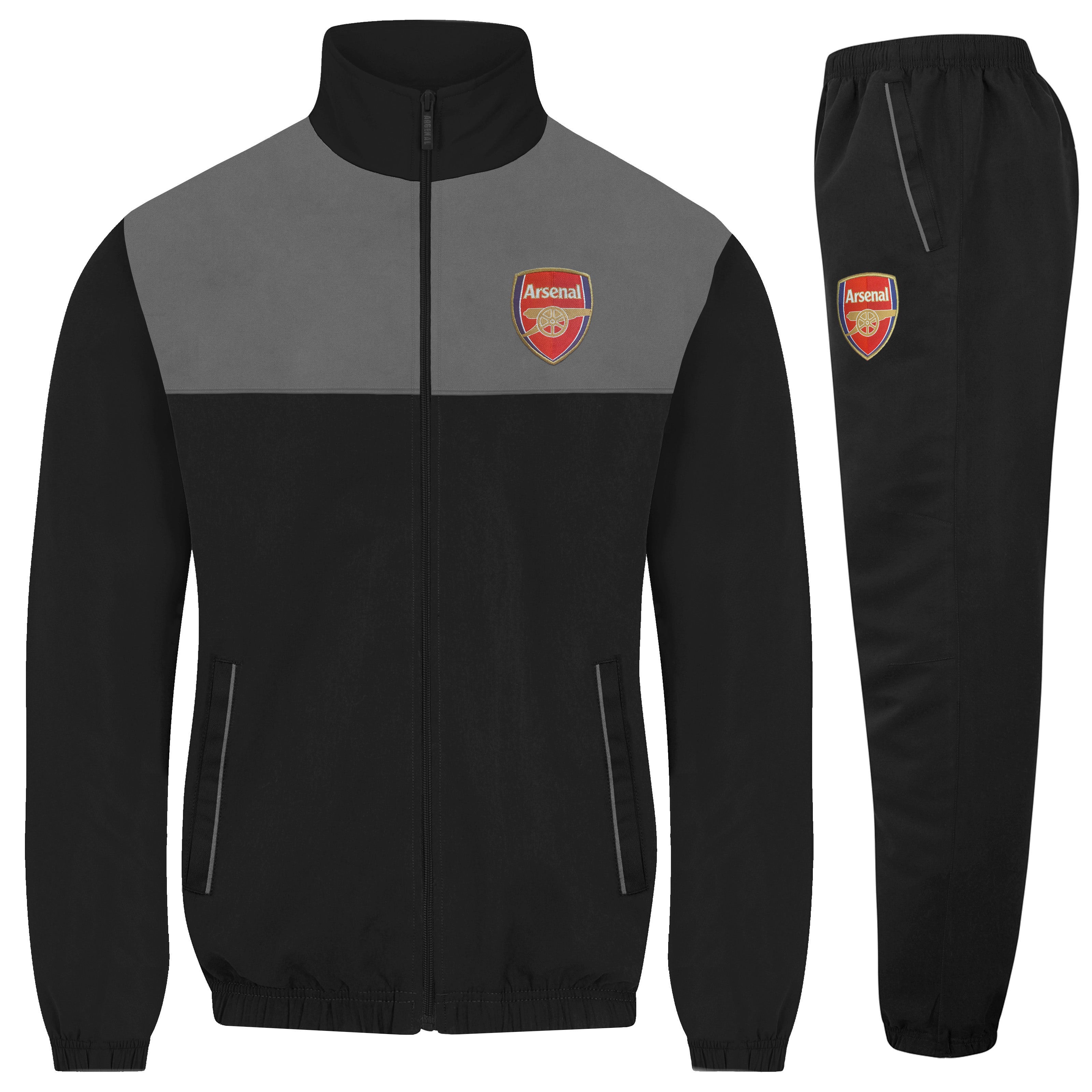 Arsenal adults tracksuit in black & grey with club crest to chest and left thigh