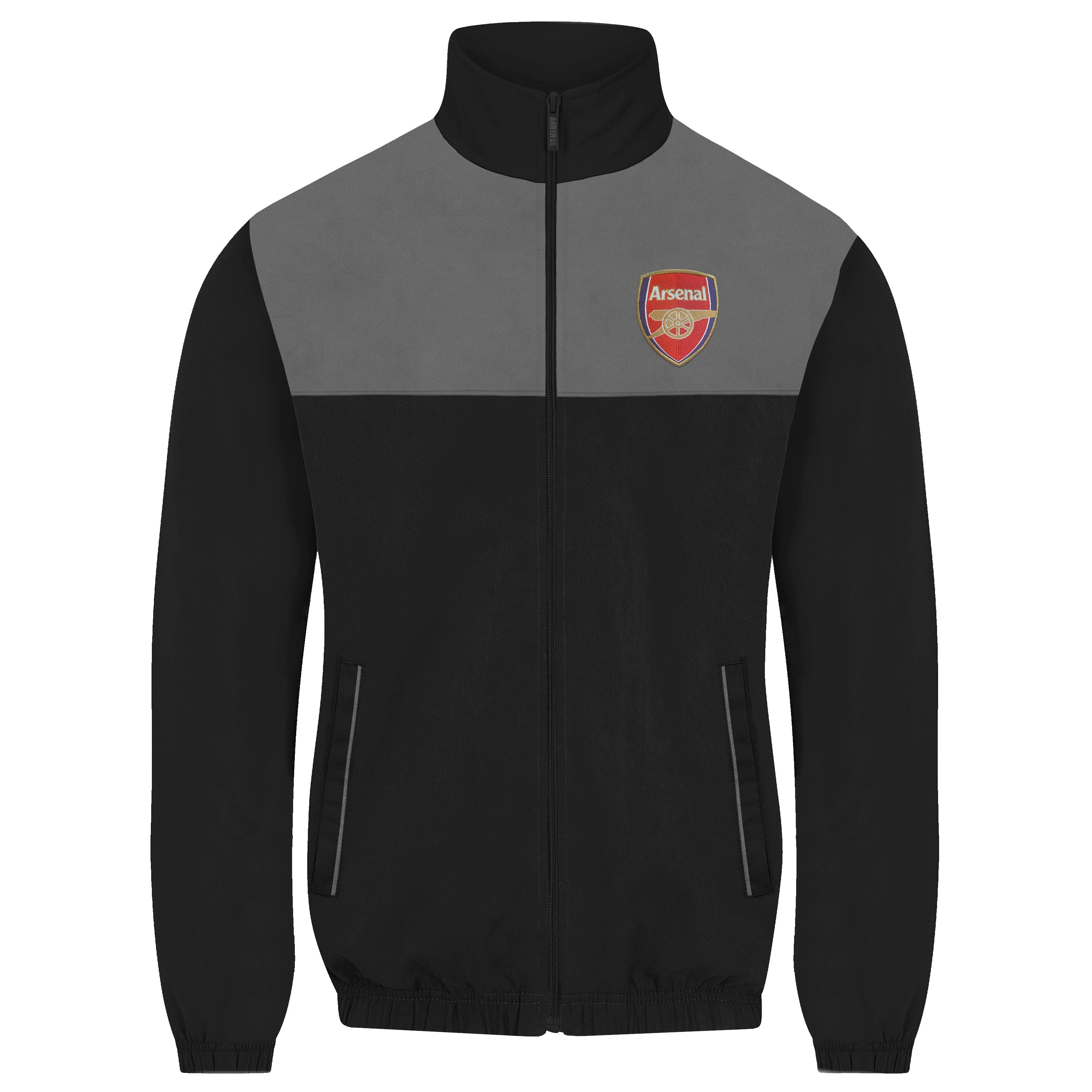 Arsenal adults tracksuit in black & grey with club crest to chest and left thigh