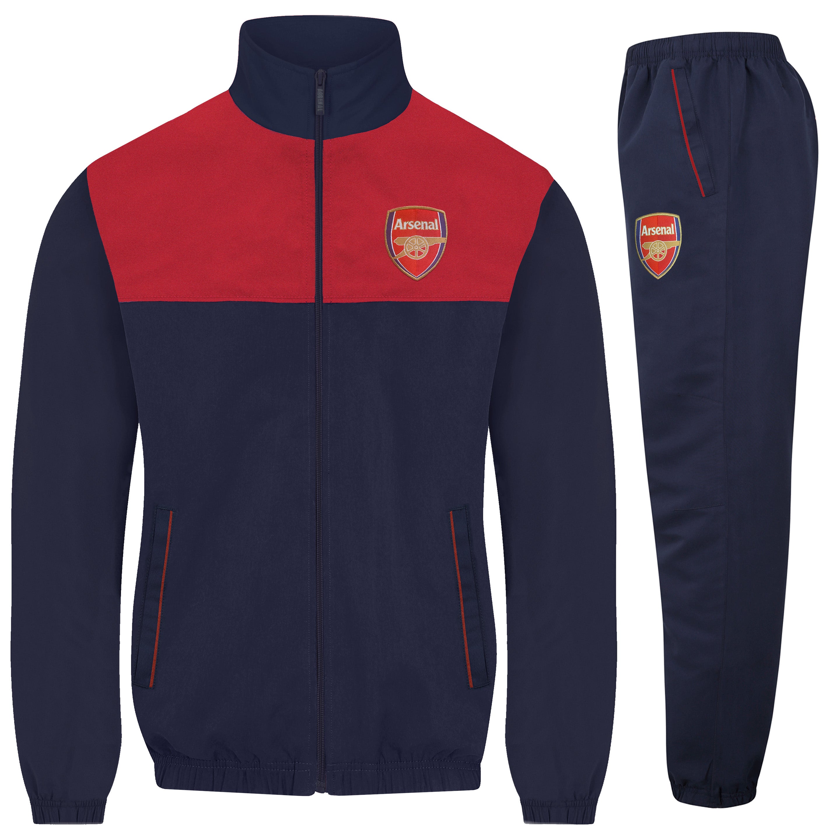 Arsenal adults tracksuit in navy blue & red with club crest to chest and left thigh