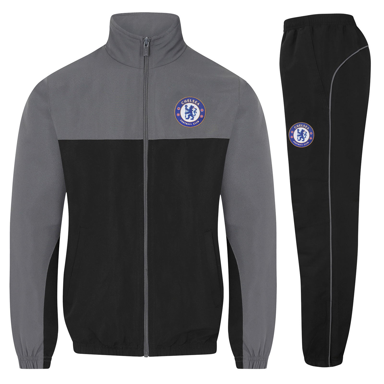 Chelsea kids tracksuit in grey with club crest to chest and left thigh