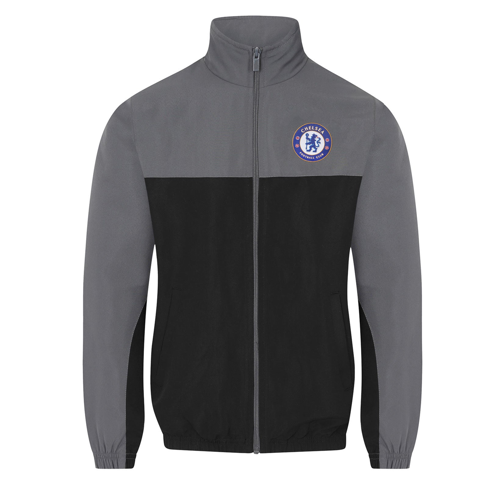 Chelsea adults track top in black & grey with club crest to chest.