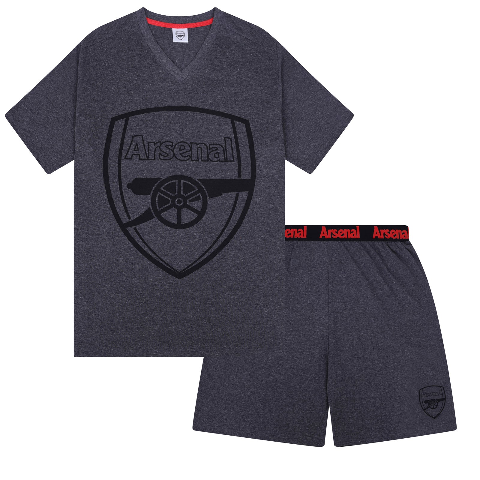 Arsenal adults pyjamas in grey. Short sleeve shirt with AFC branded graphic and shorts with crest to the left leg.