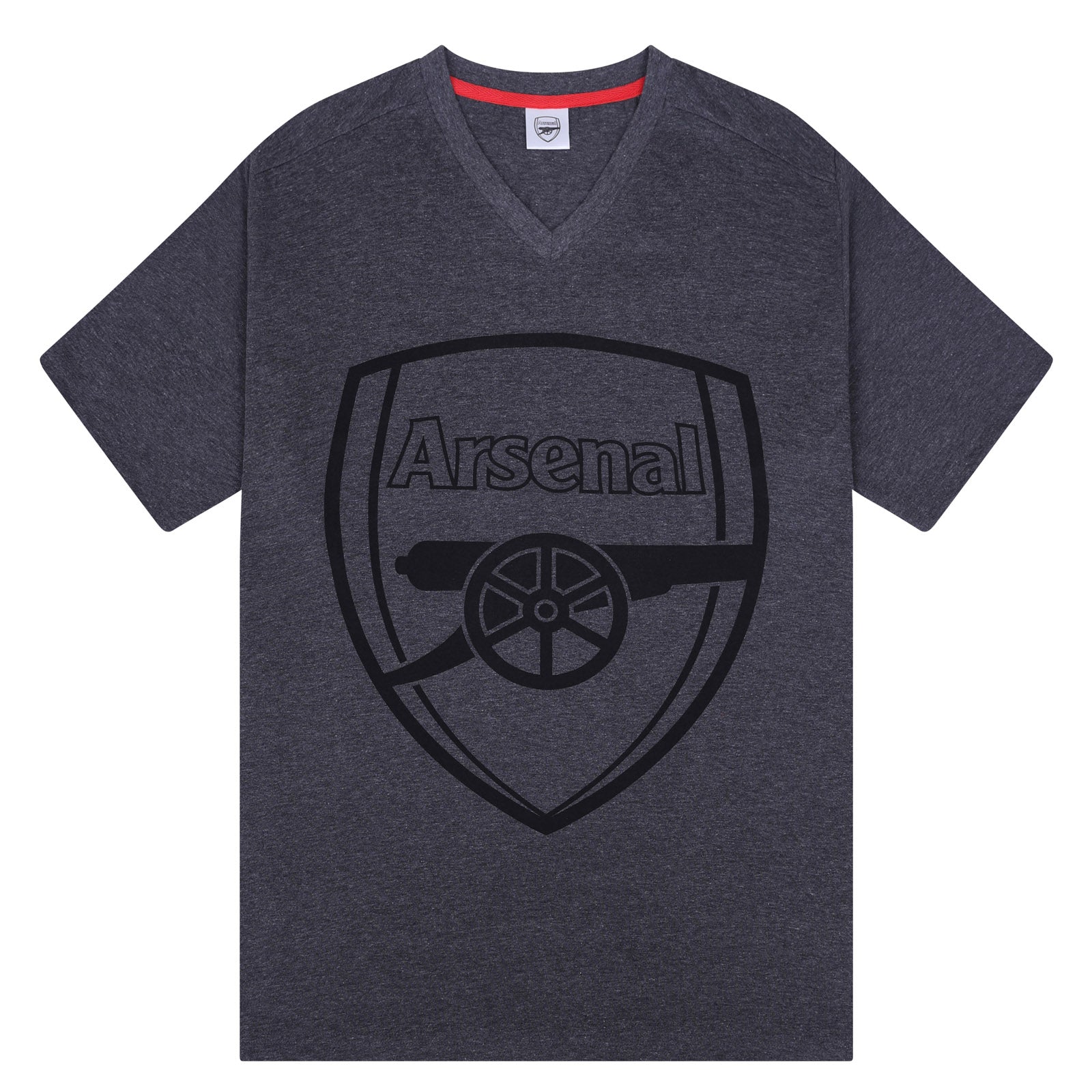 Arsenal adults pyjamas in grey. Short sleeve shirt with AFC branded graphic and shorts with crest to the left leg.