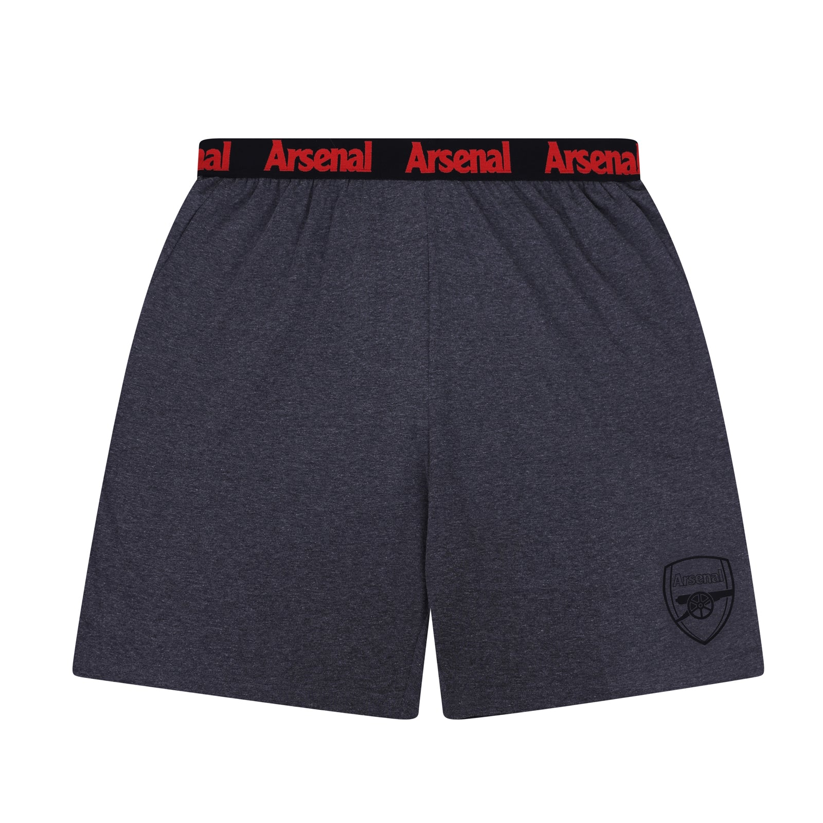 Arsenal adults pyjamas in grey. Short sleeve shirt with AFC branded graphic and shorts with crest to the left leg.