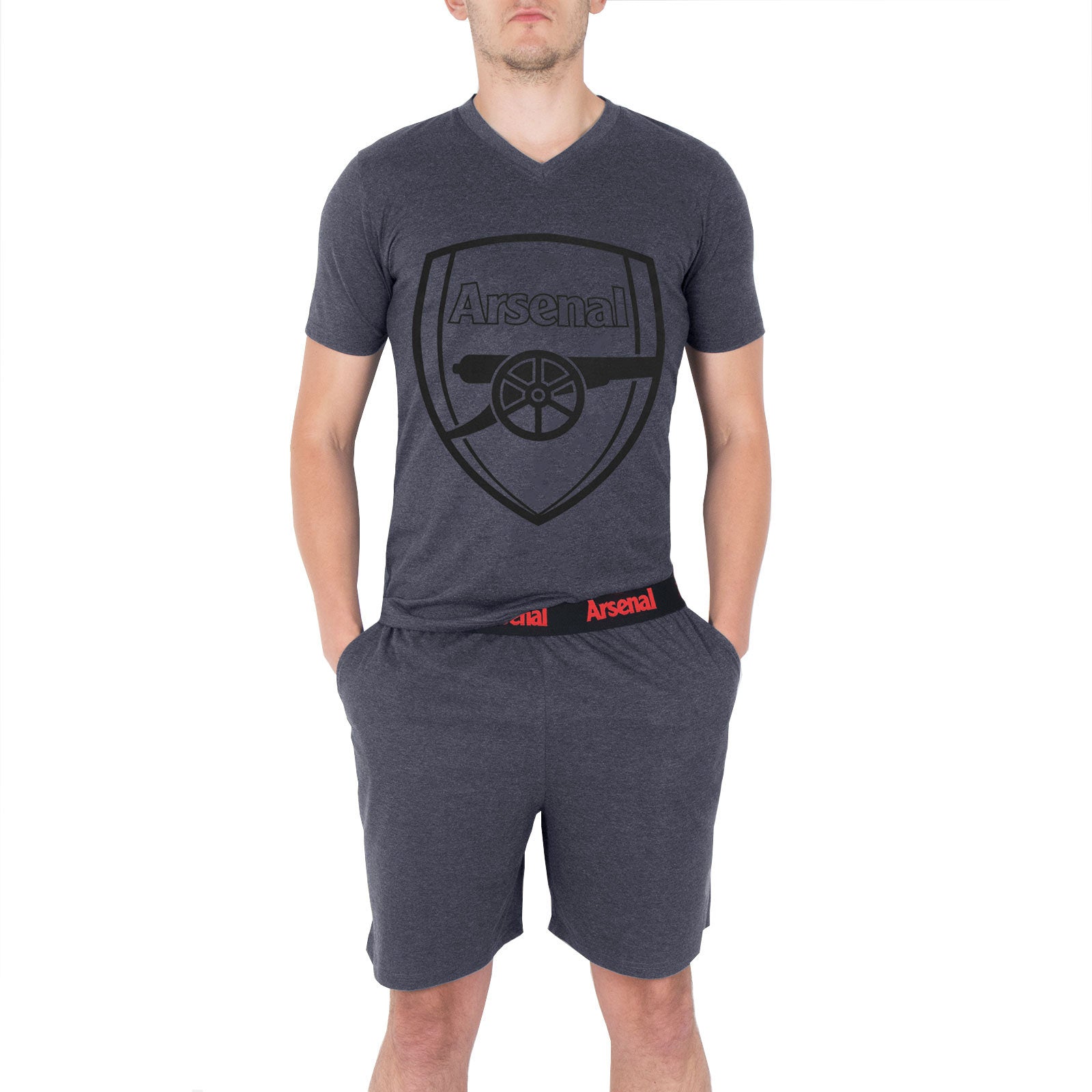 Arsenal adults pyjamas in grey. Short sleeve shirt with AFC branded graphic and shorts with crest to the left leg.