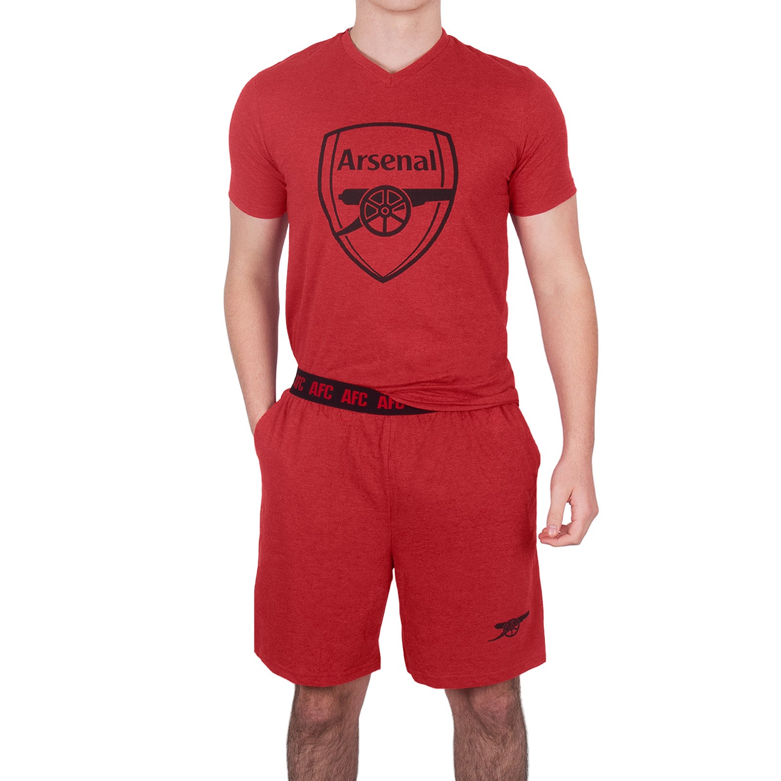 Arsenal adults pyjamas in red. Short sleeve shirt with AFC branded graphic and pyjama shorts with crest to the left leg.