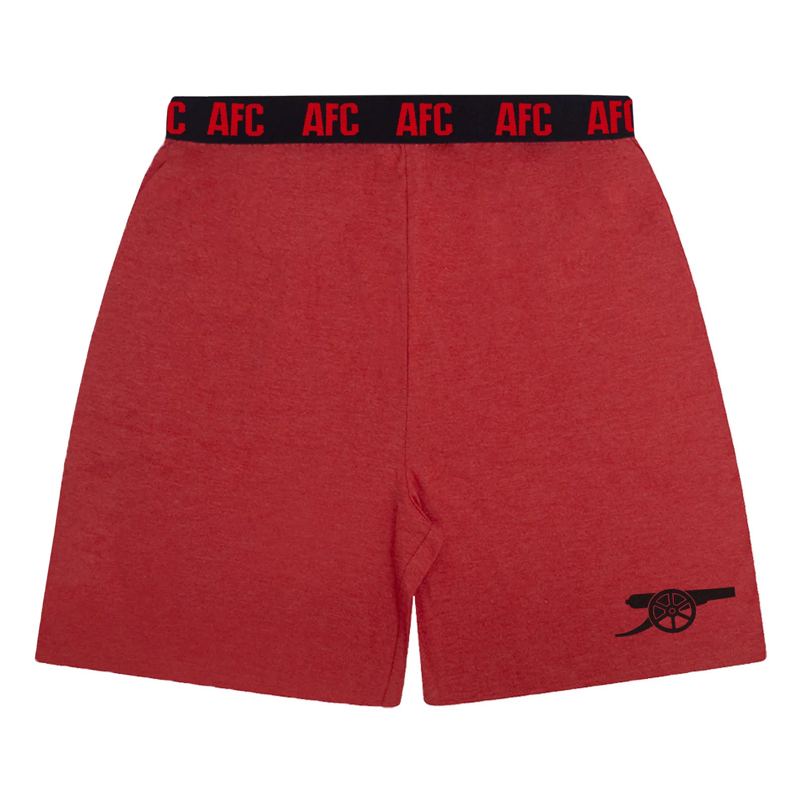 Arsenal adults pyjamas in red. Short sleeve shirt with AFC branded graphic and pyjama shorts with crest to the left leg.