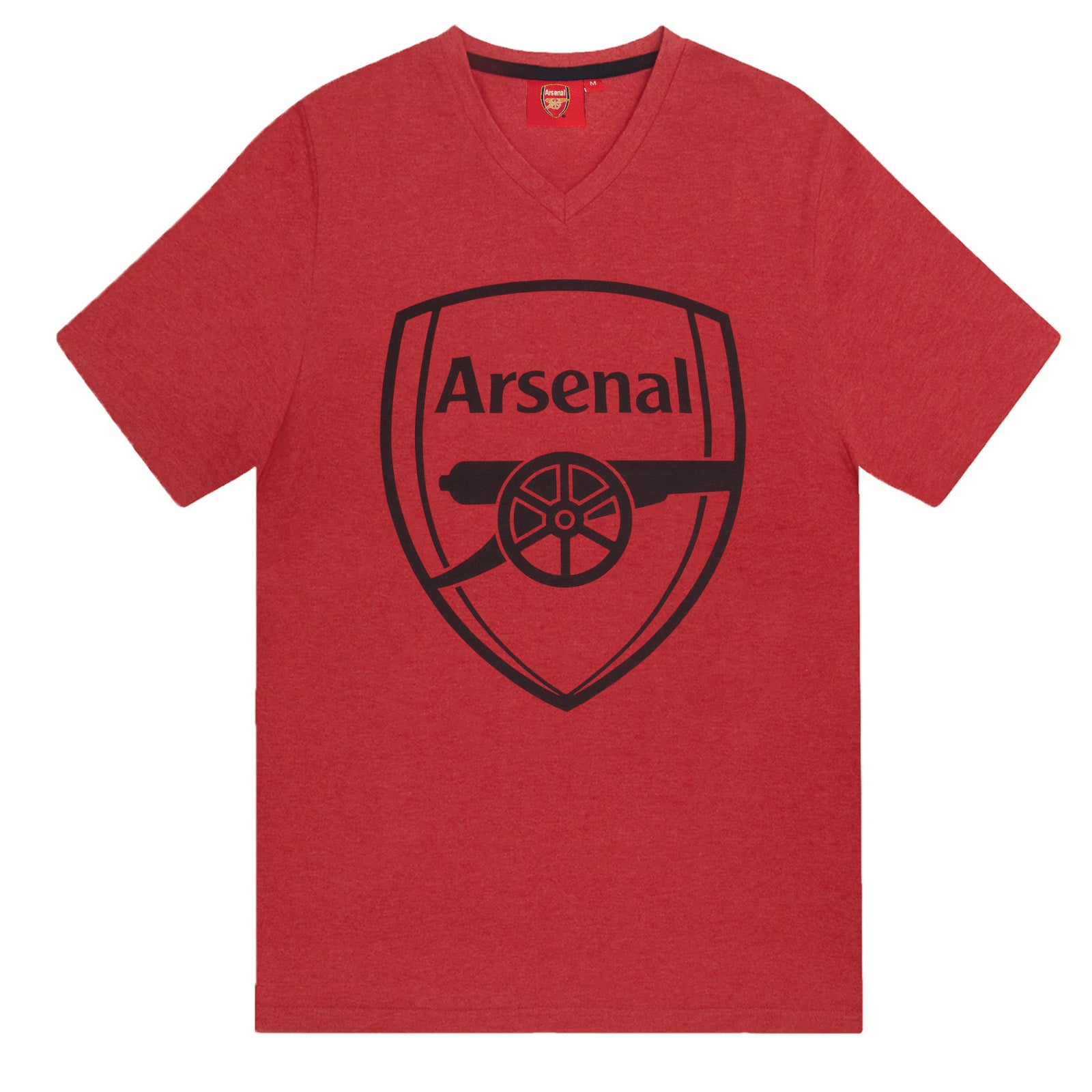 Arsenal adults pyjamas in red. Short sleeve shirt with AFC branded graphic and pyjama shorts with crest to the left leg.