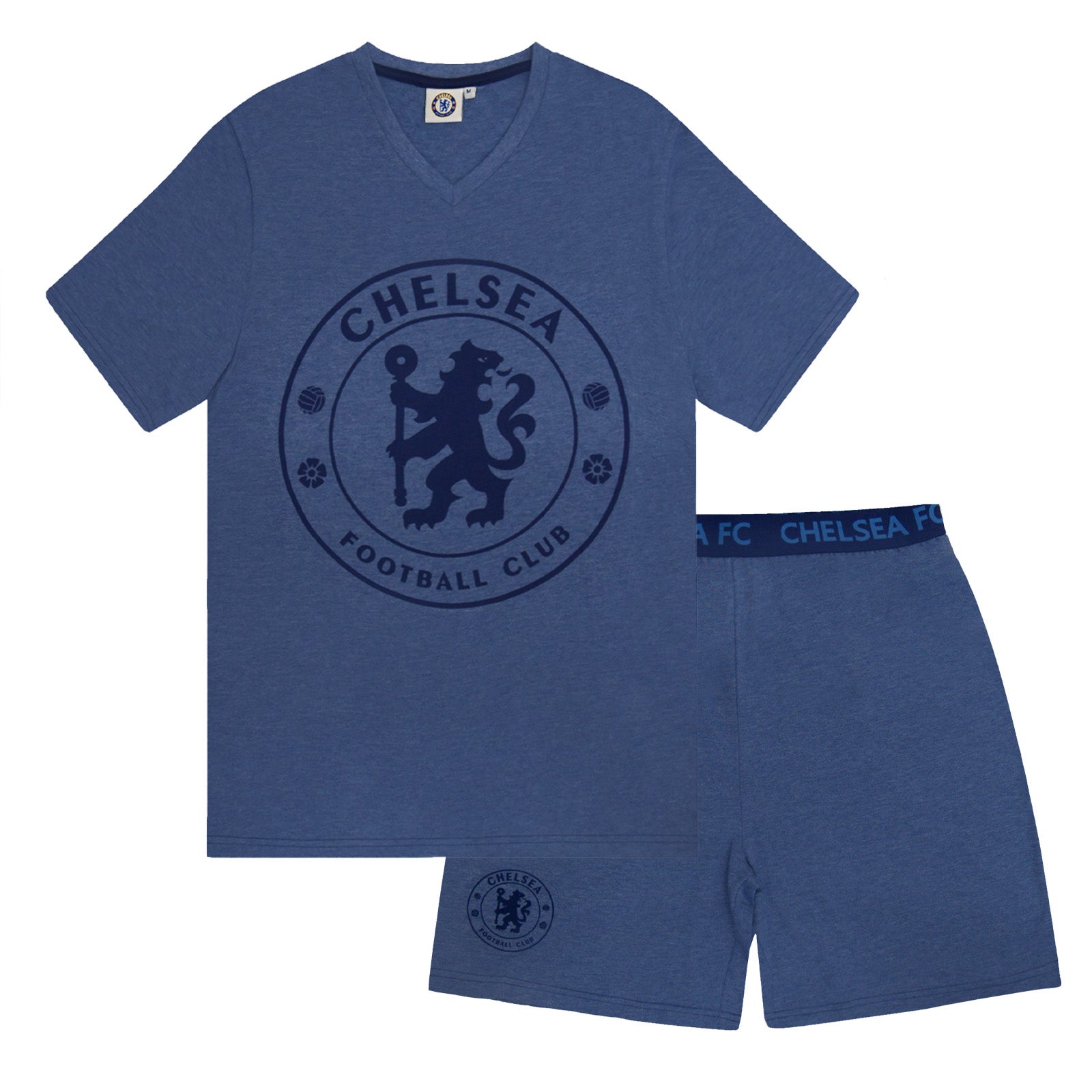 Chelsea adults pyjamas in blue marl. Short sleeve top with a CFC branded graphic and pyjama shorts with CFC logo to the left leg.