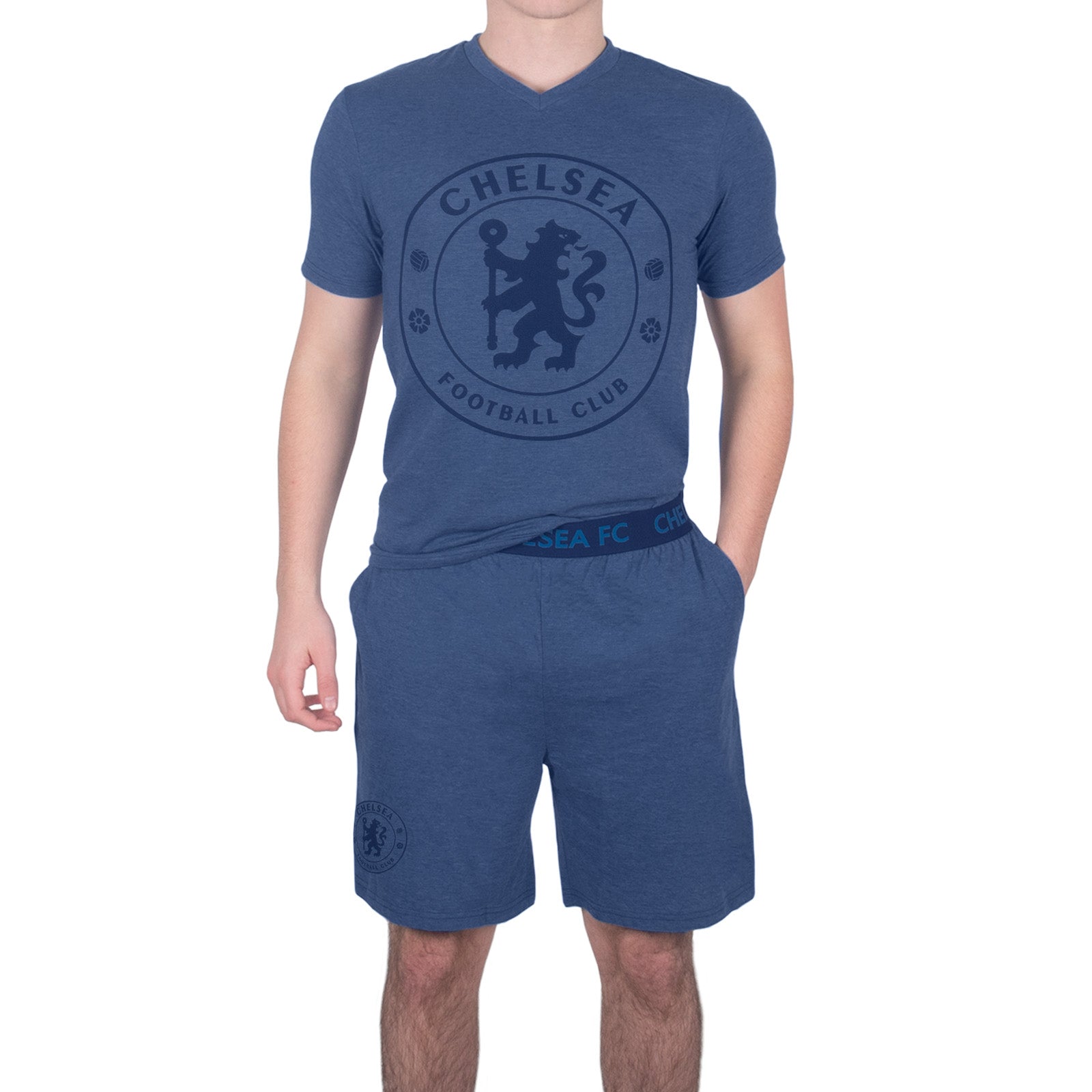 Chelsea adults pyjamas in blue marl. Short sleeve top with a CFC branded graphic and pyjama shorts with CFC logo to the left leg.