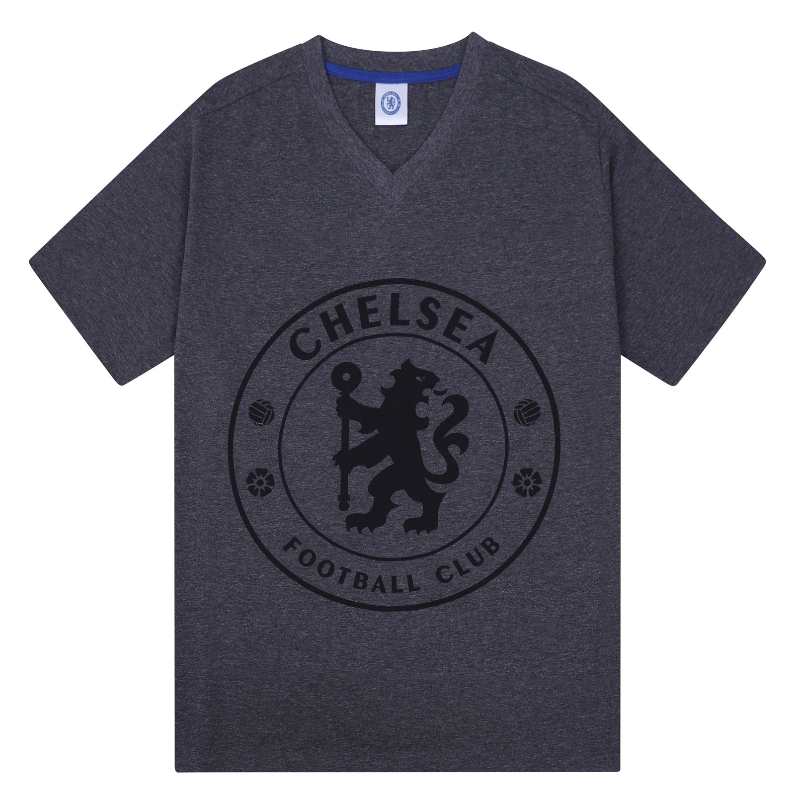 Chelsea adults pyjamas in grey. Short sleeve top with a CFC branded graphic and pyjama shorts with CFC logo to the left leg.