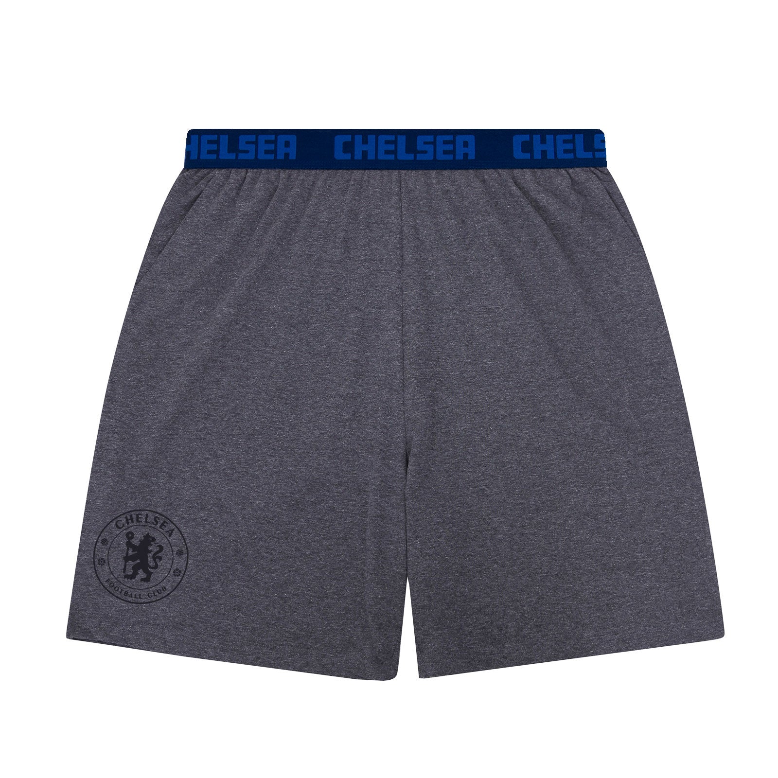 Chelsea adults pyjamas in grey. Short sleeve top with a CFC branded graphic and pyjama shorts with CFC logo to the left leg.