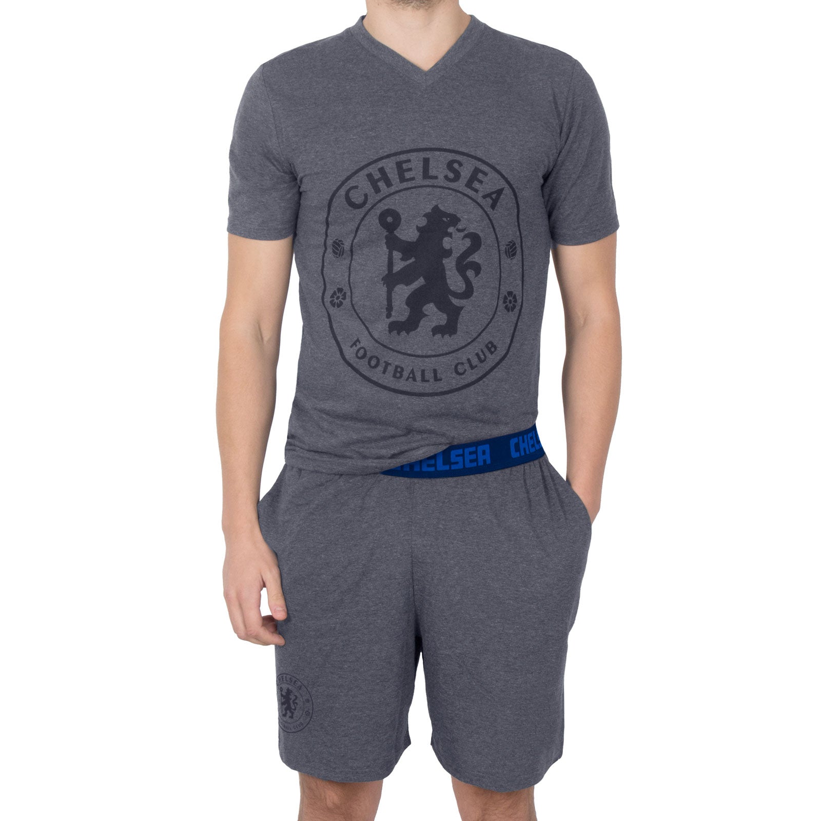 Chelsea adults pyjamas in grey. Short sleeve top with a CFC branded graphic and pyjama shorts with CFC logo to the left leg.