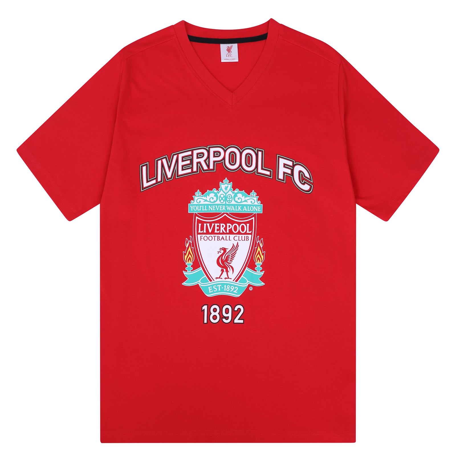 Liverpool adults pyjamas in red. Short sleeve top with graphic and shorts with logo to the left leg.