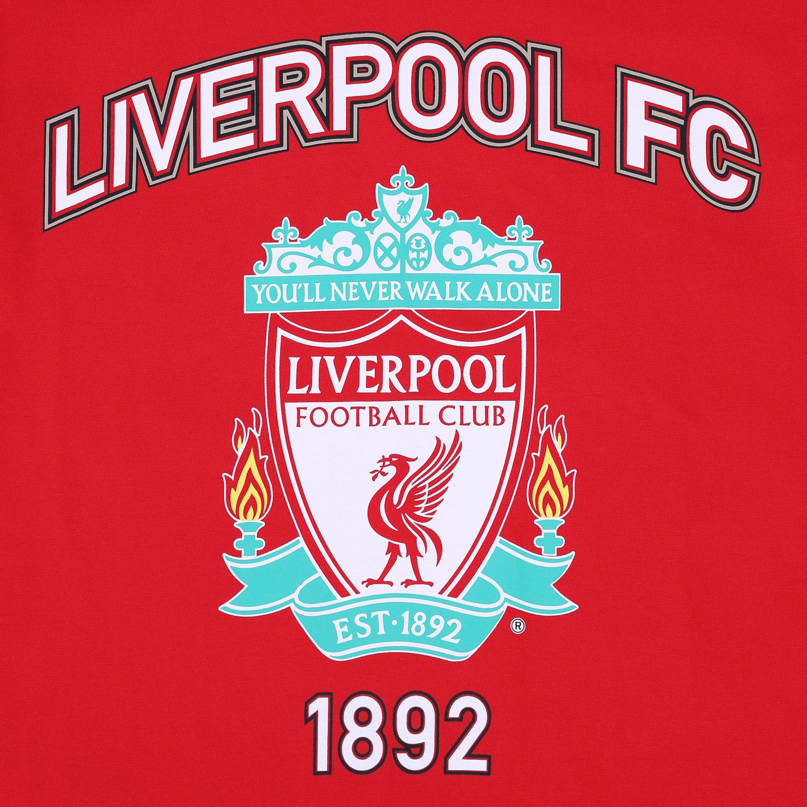 Liverpool adults pyjamas in red. Short sleeve top with graphic and shorts with logo to the left leg.