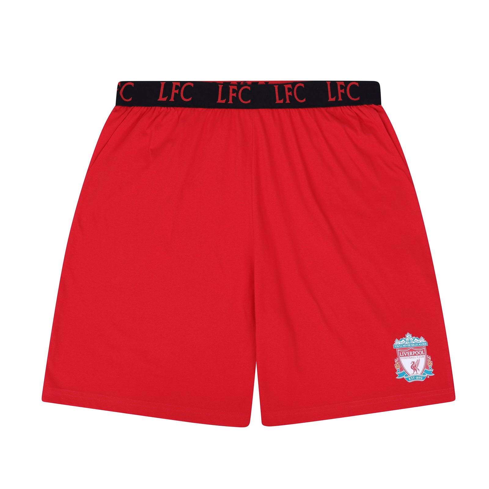 Liverpool adults pyjamas in red. Short sleeve top with graphic and shorts with logo to the left leg.