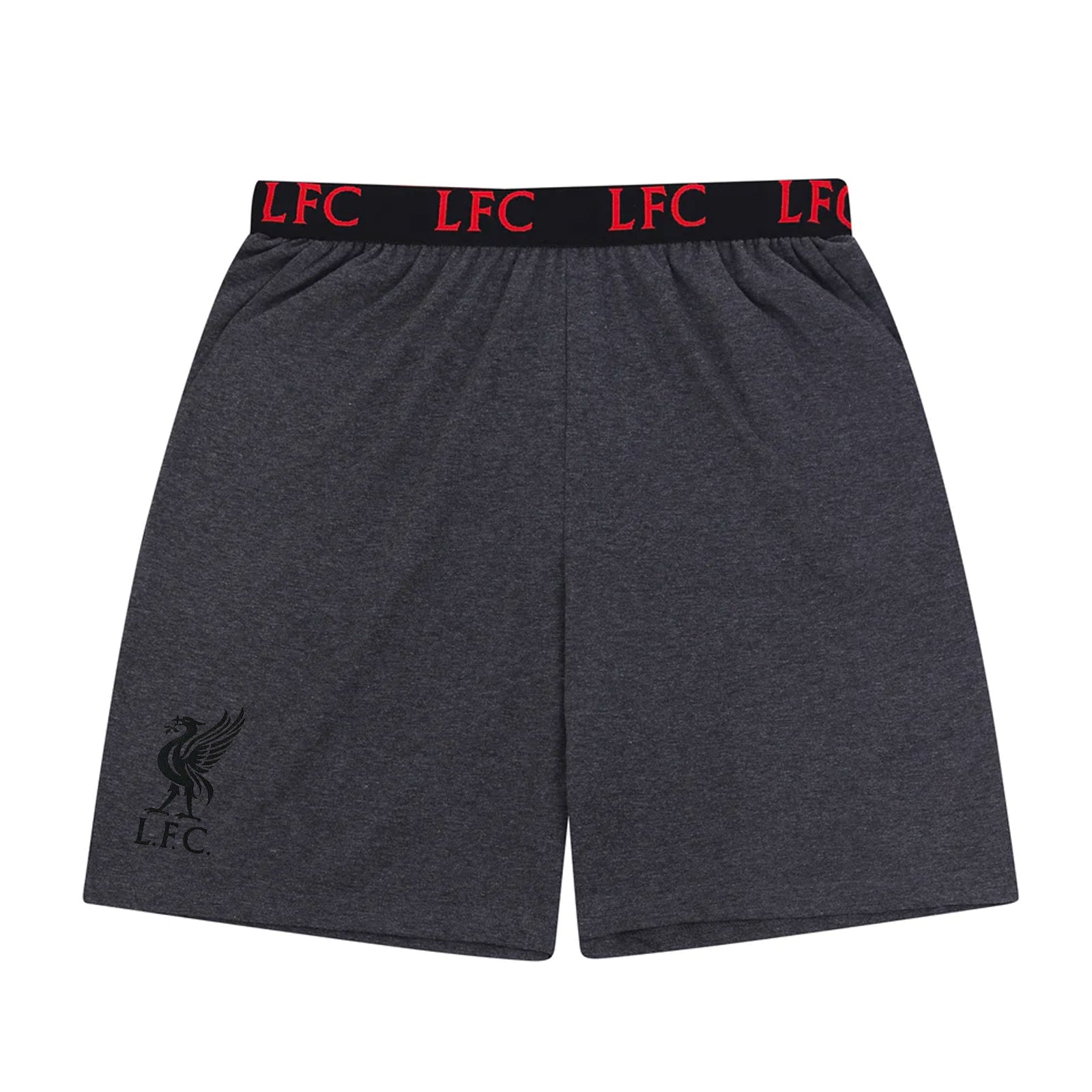 Liverpool adults pyjamas in grey. Short sleeve top with graphic and shorts with logo to the left leg.