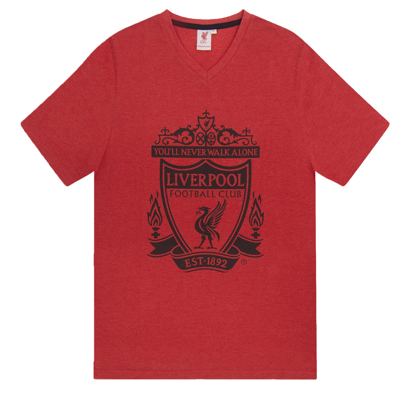 Liverpool adults pyjamas in red marl. Short sleeve top with graphic and shorts with logo to the left leg.