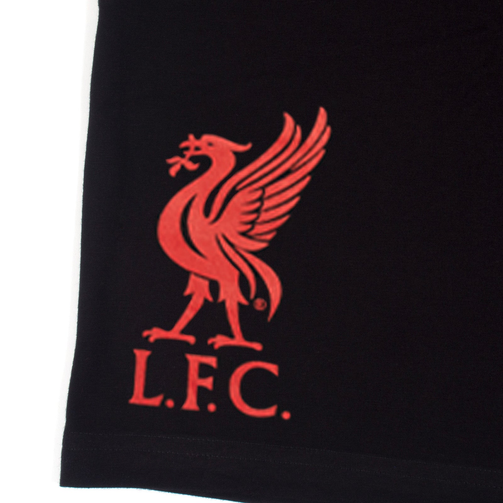 Liverpool adults pyjamas in black. Short sleeve top with graphic and shorts with logo to the left leg.