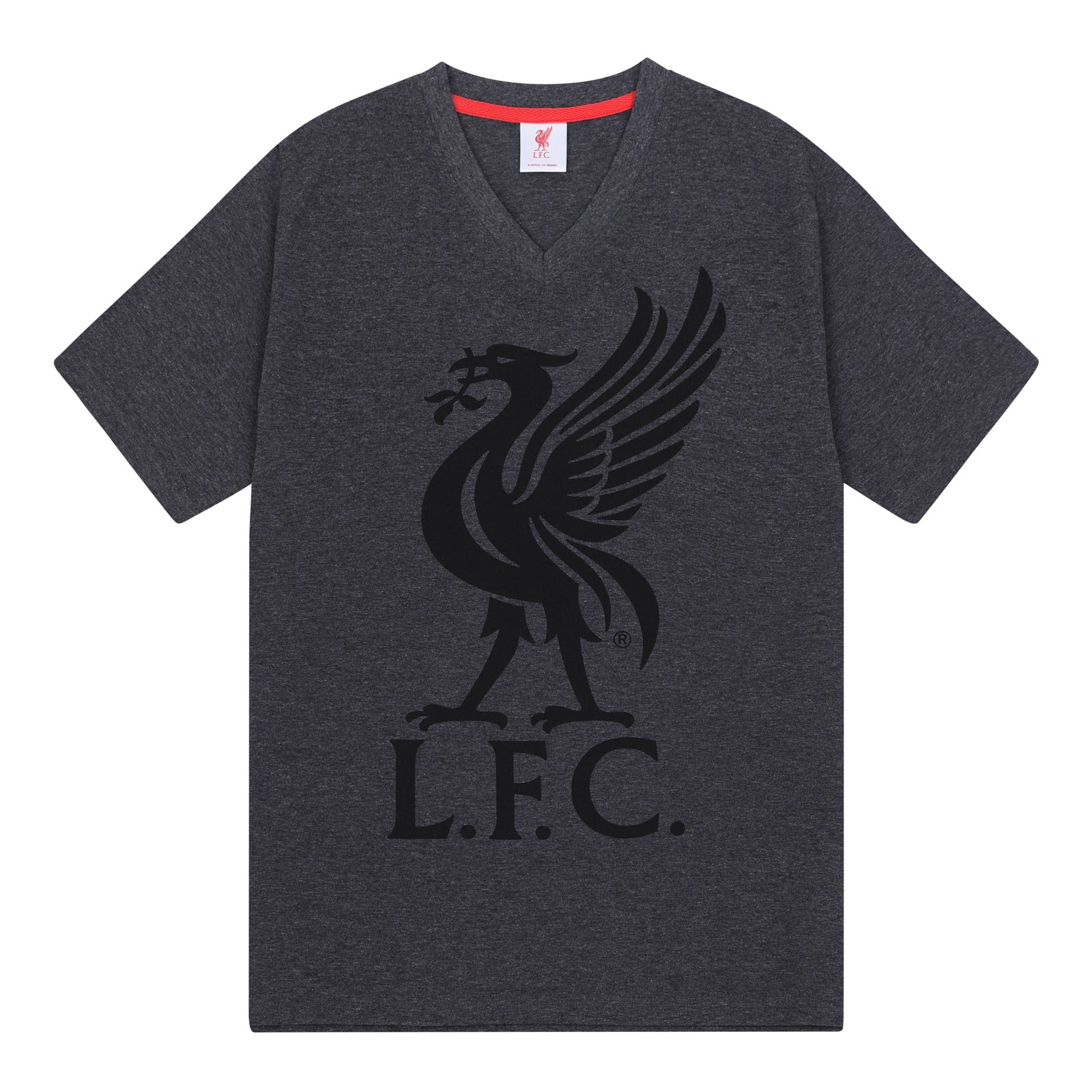 Liverpool adults pyjamas in grey. Short sleeve top with graphic and shorts with logo to the left leg.