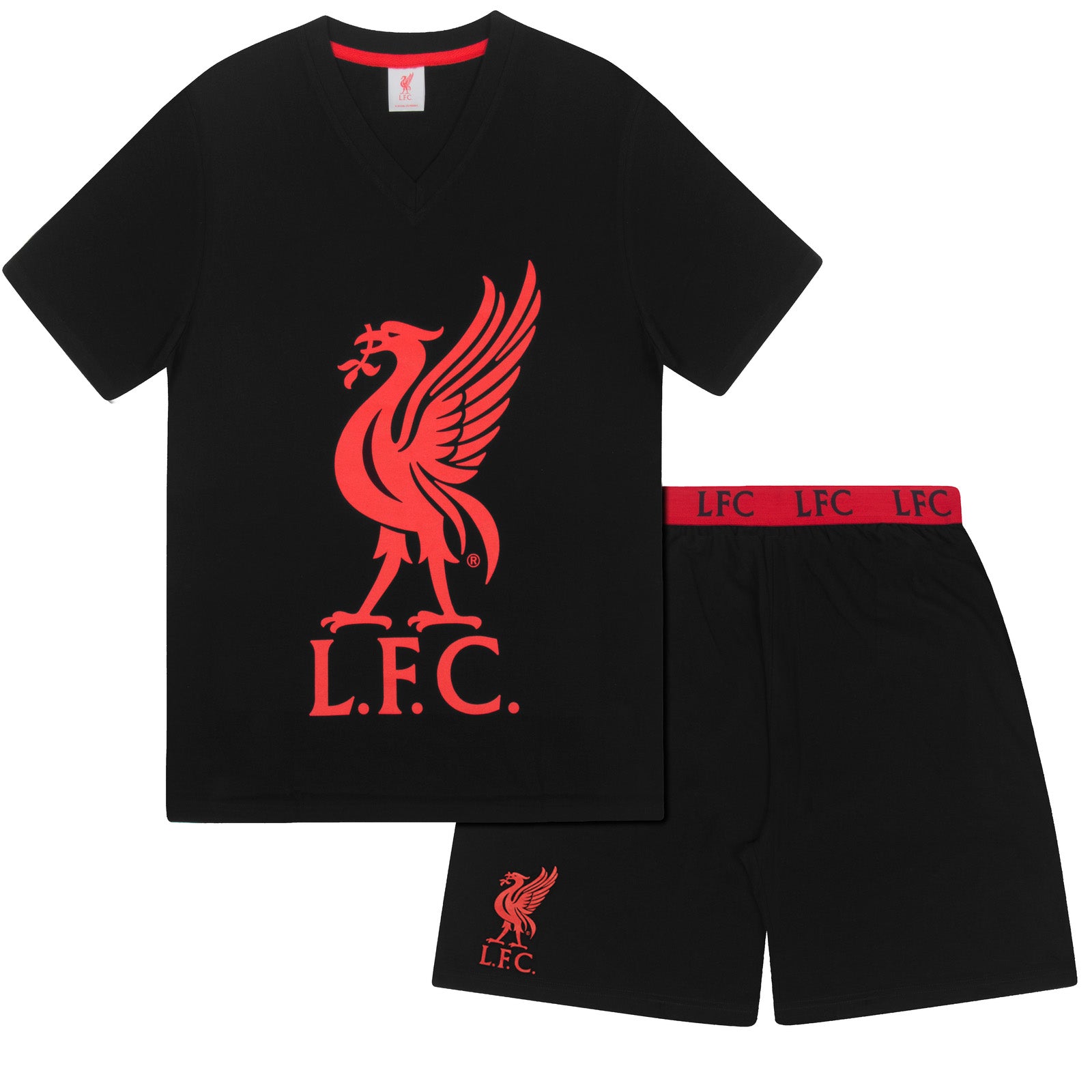 Liverpool adults pyjamas in black. Short sleeve top with graphic and shorts with logo to the left leg.