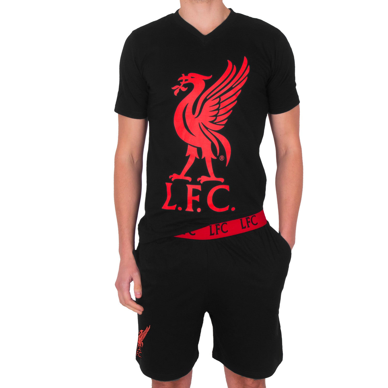 Liverpool adults pyjamas in black. Short sleeve top with graphic and shorts with logo to the left leg.