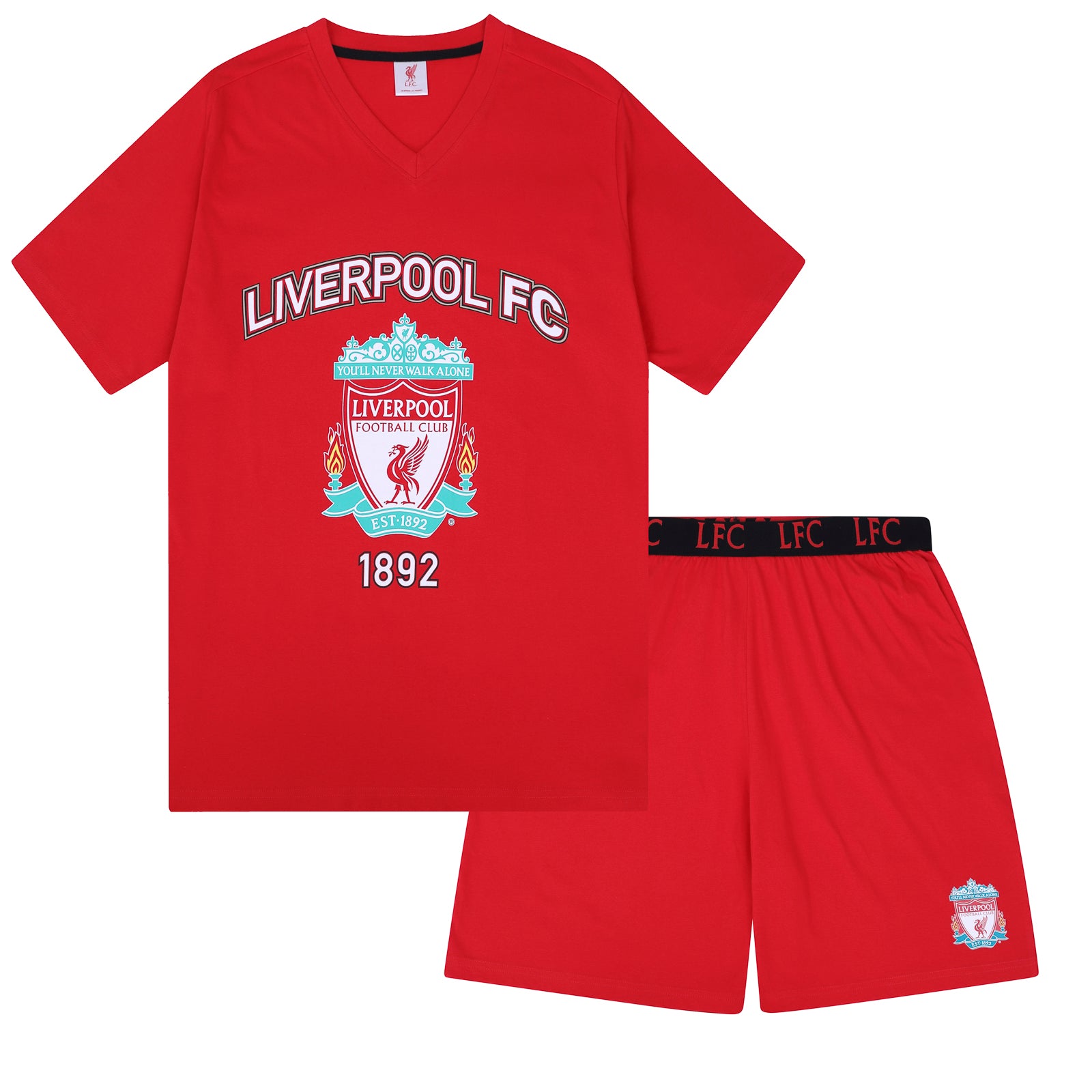 Liverpool adults pyjamas in red. Short sleeve top with graphic and shorts with logo to the left leg.