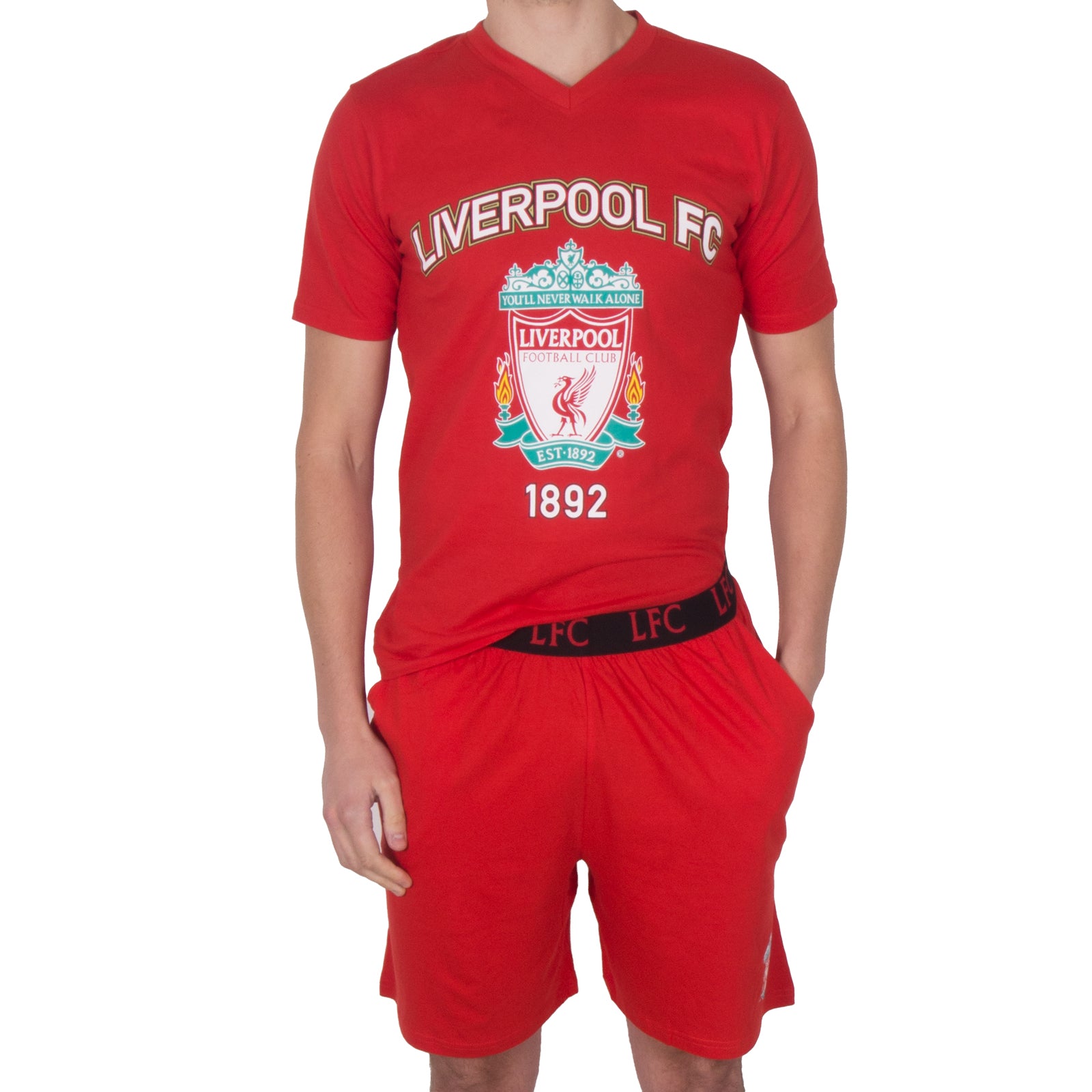 Liverpool adults pyjamas in red. Short sleeve top with graphic and shorts with logo to the left leg.