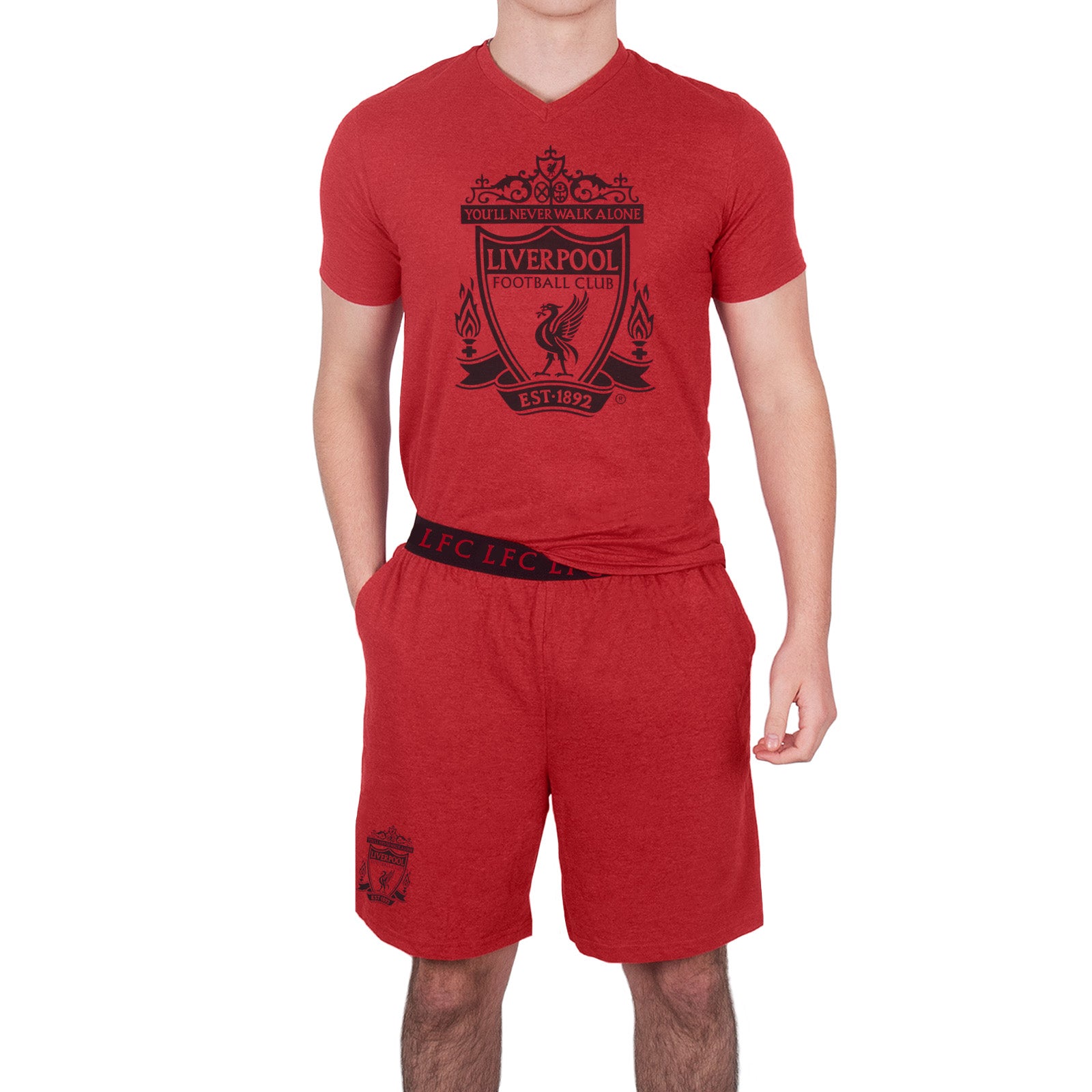 Liverpool adults pyjamas in red marl. Short sleeve top with graphic and shorts with logo to the left leg.