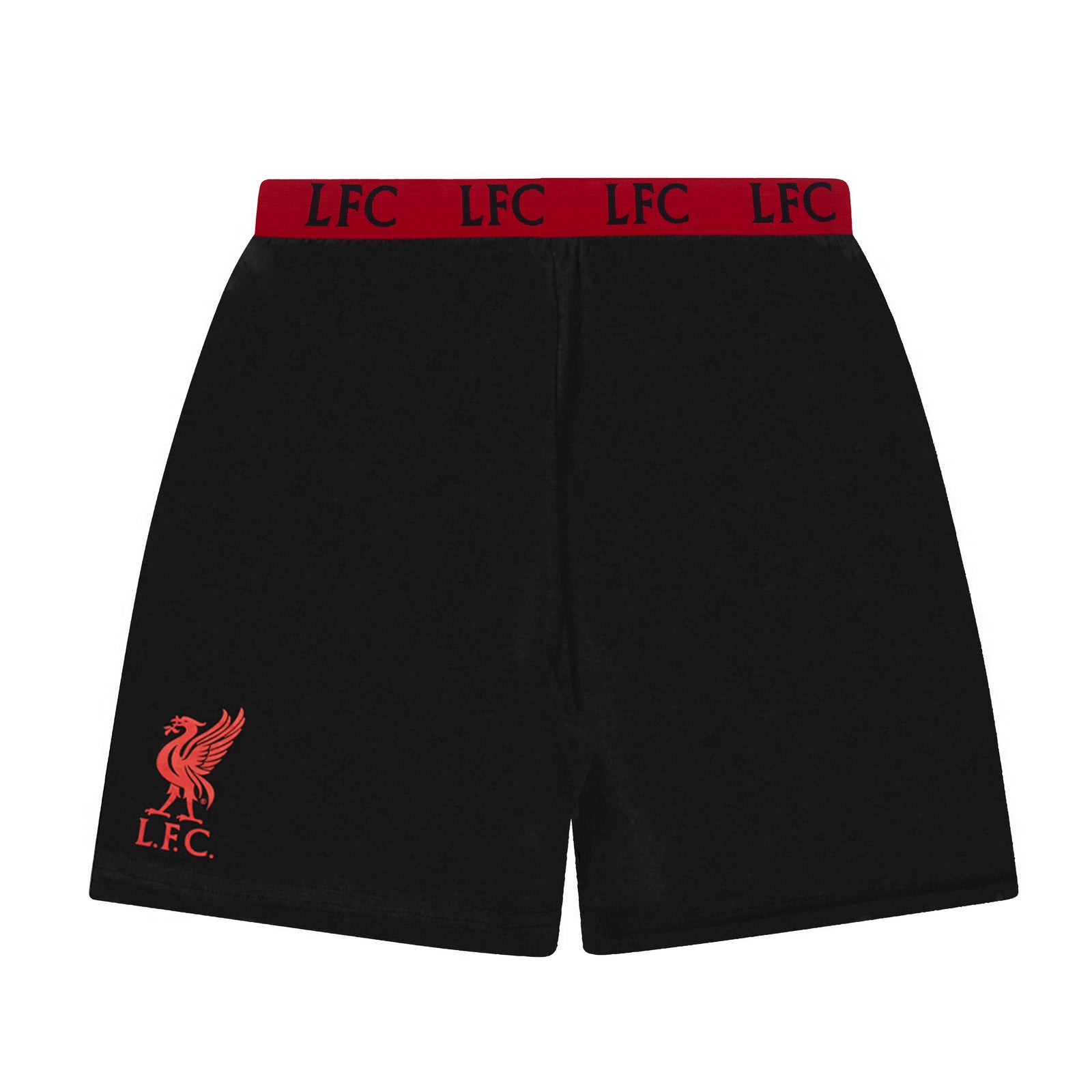 Liverpool adults pyjamas in black. Short sleeve top with graphic and shorts with logo to the left leg.