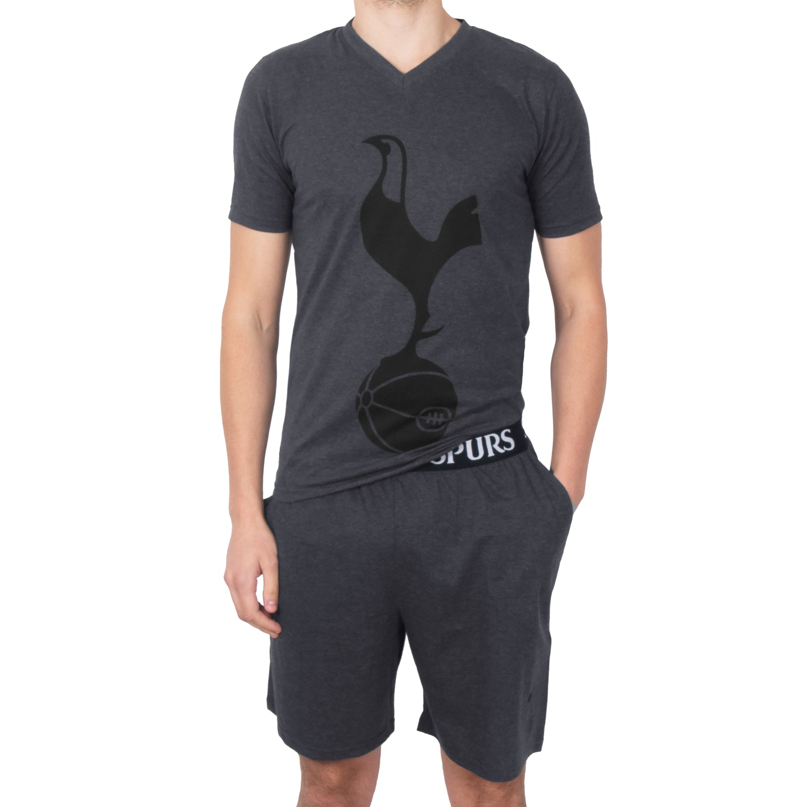 Spurs adults short pyjama set in grey with a short sleeve t-shirt & graphic and shorts with logo to the left leg.