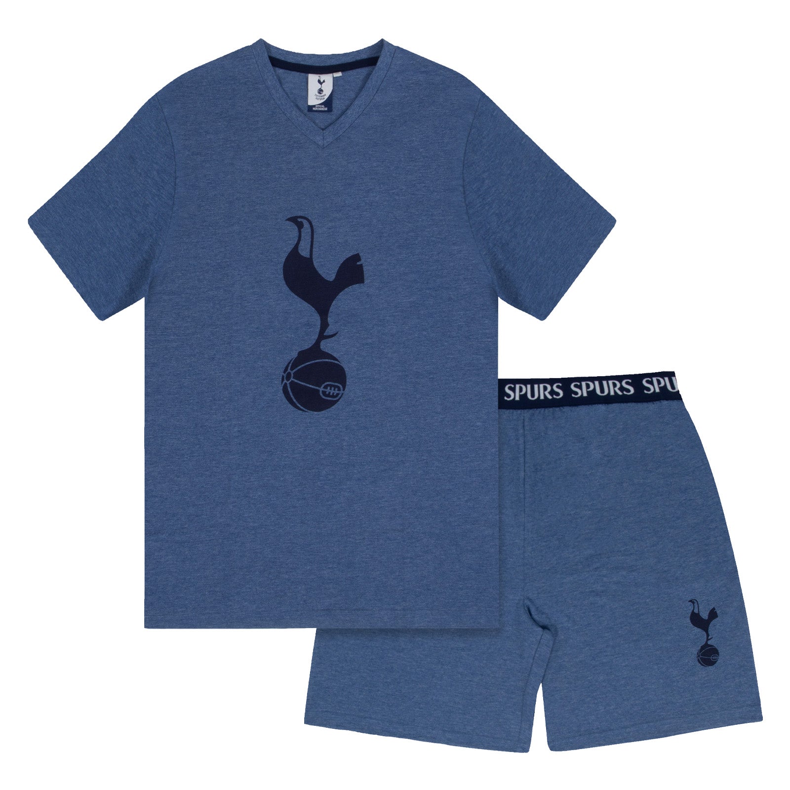 Spurs adults pyjama set in navy marl with a short sleeve t-shirt & graphic and shorts with club logo to the leg.