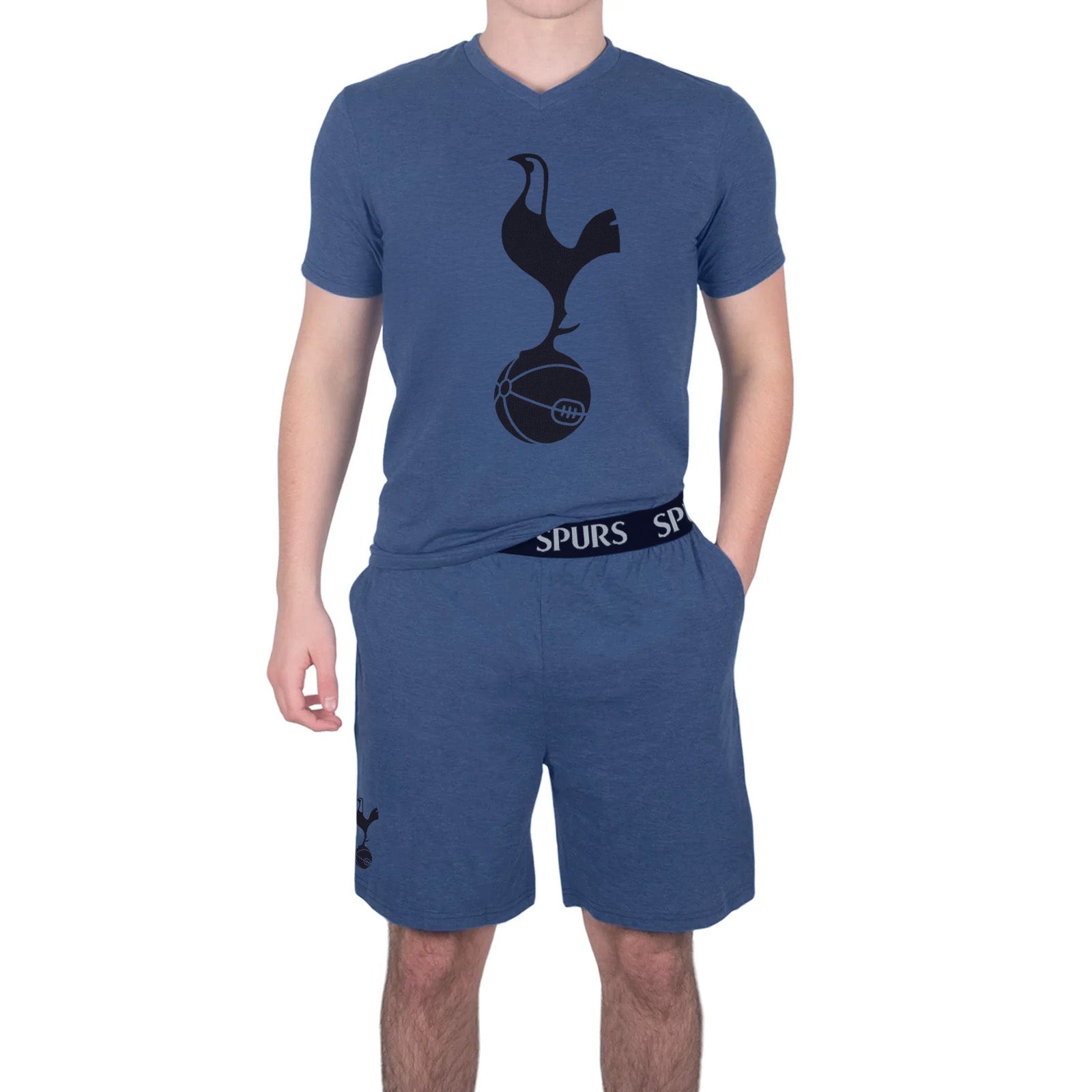 Spurs adults pyjama set in navy marl with a short sleeve t-shirt & graphic and shorts with club logo to the leg.