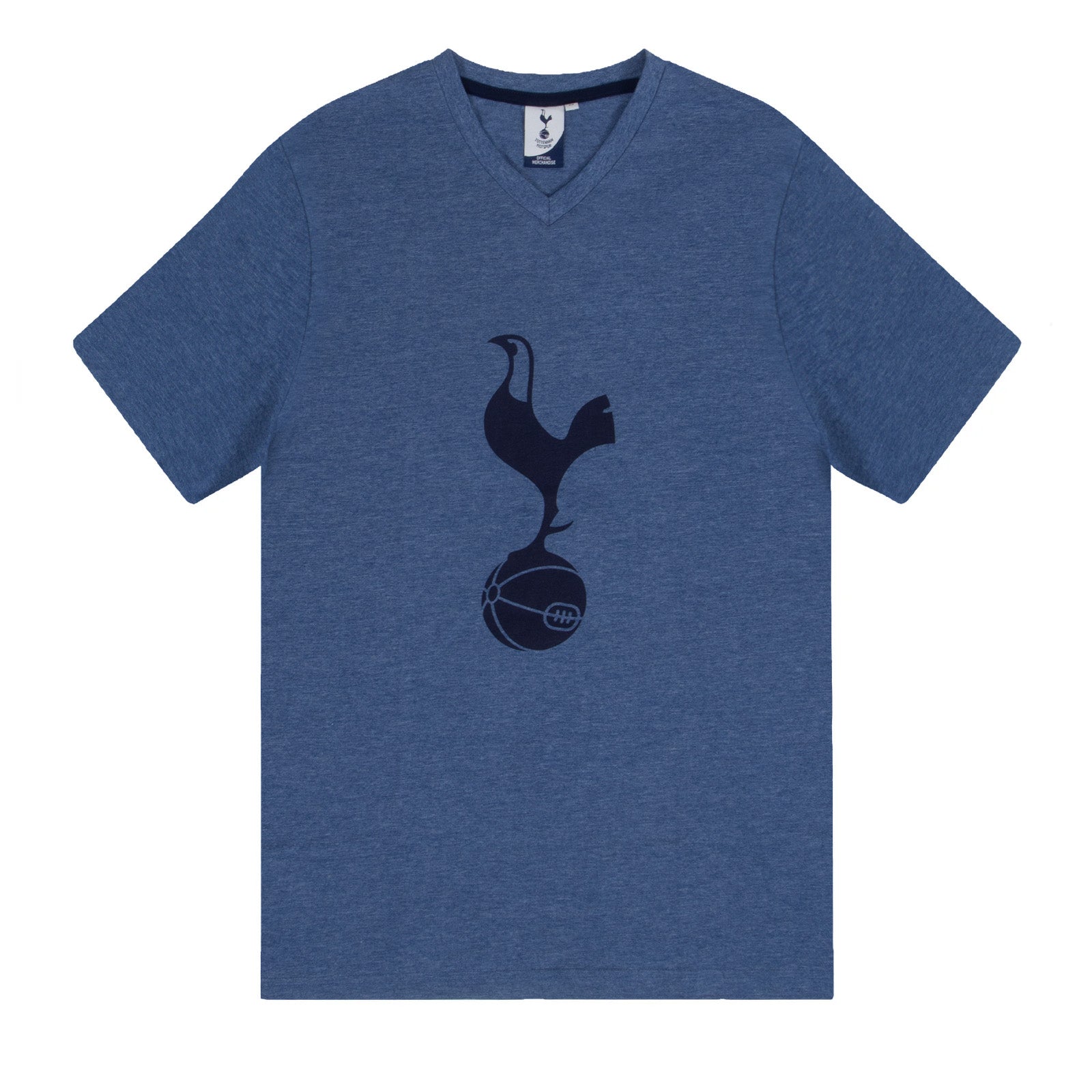 Spurs adults pyjama set in navy marl with a short sleeve t-shirt & graphic and shorts with club logo to the leg.