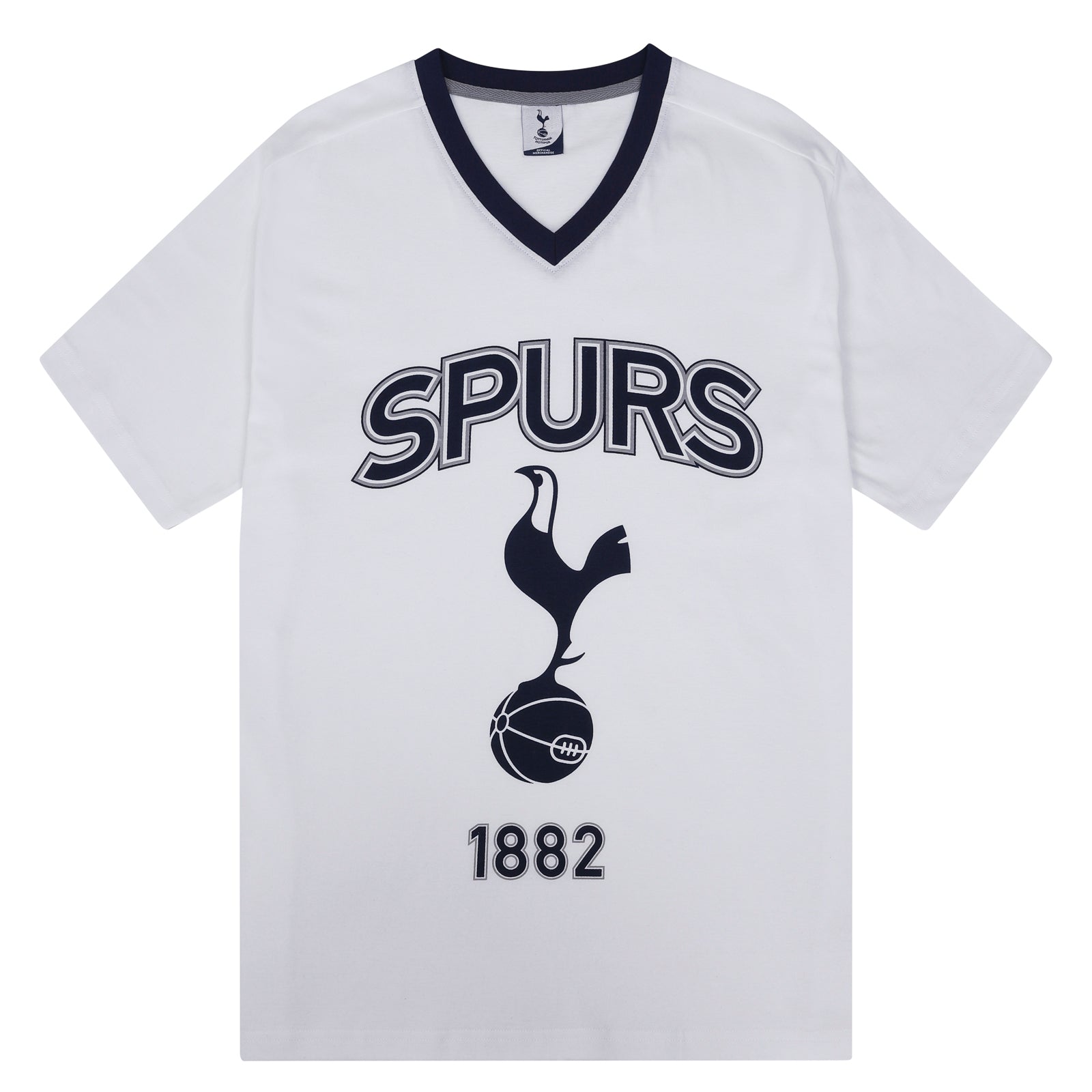 Spurs adults short pyjama set in white with a short sleeve t-shirt & graphic and shorts with logo to the left leg.