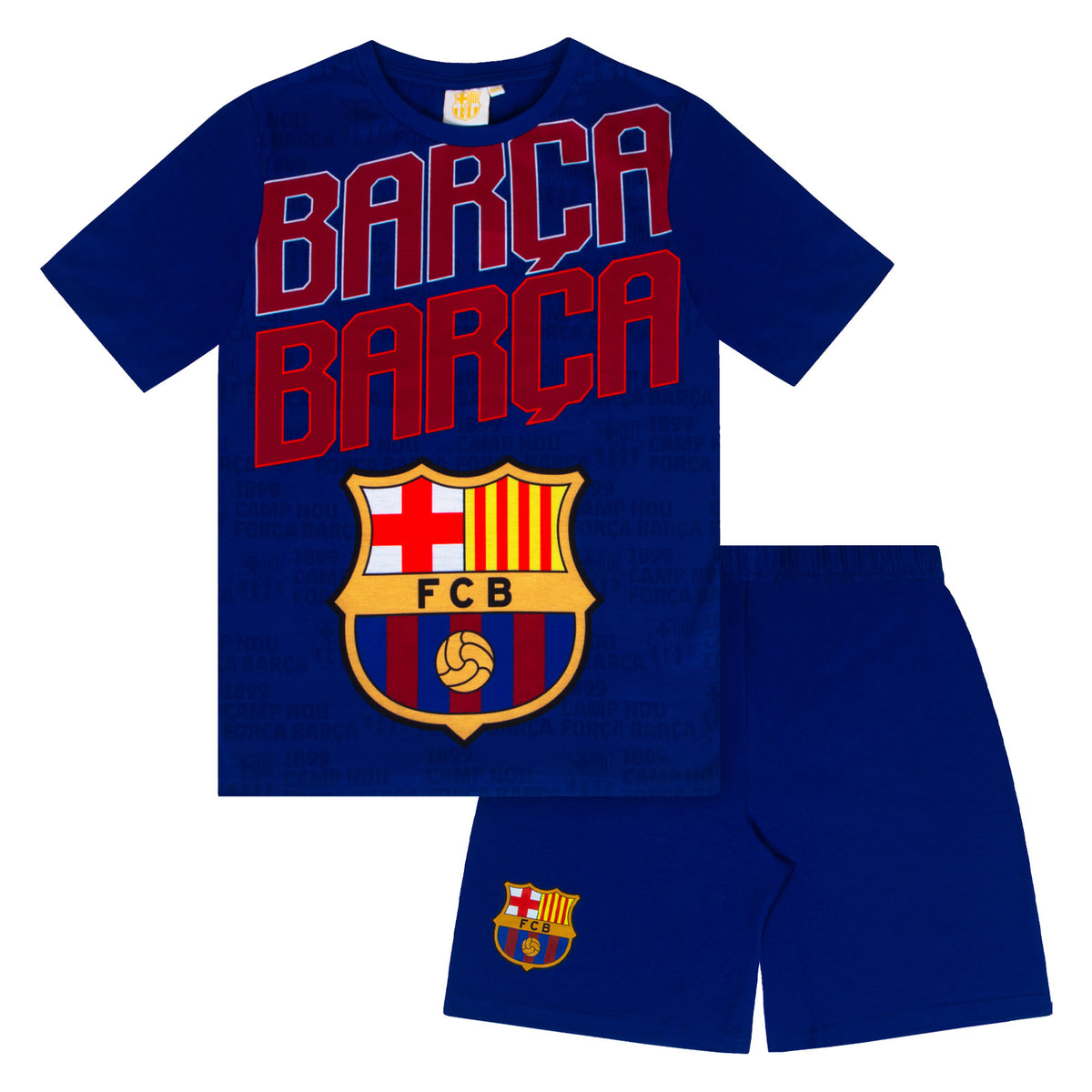 FC Barcelona kids short pyjamas in reflex blue. Short sleeve top with graphic club crest and shorts with crest to the leg