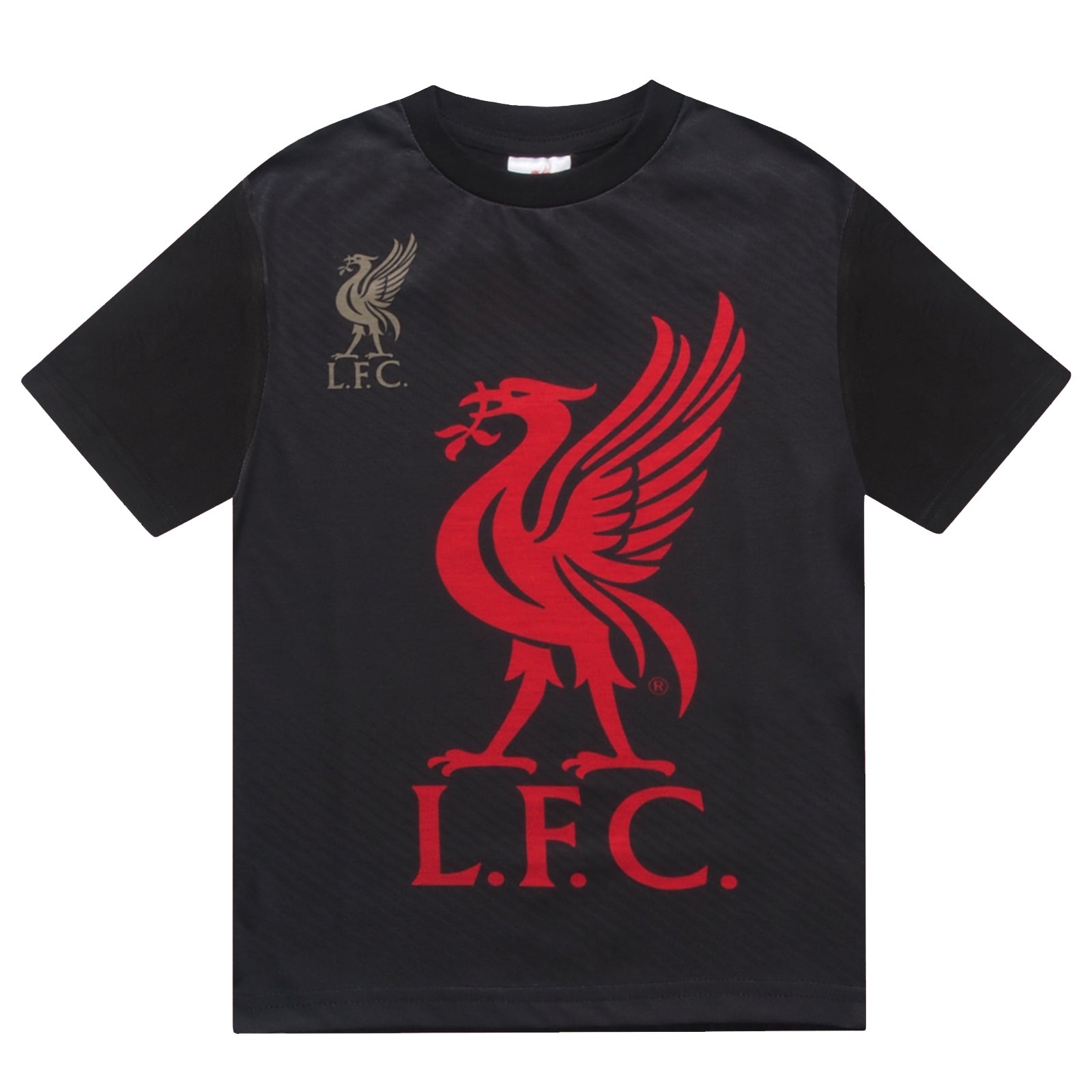 Liverpool kids pyjamas in black. Short sleeve top with graphic and shorts with logo to the left leg