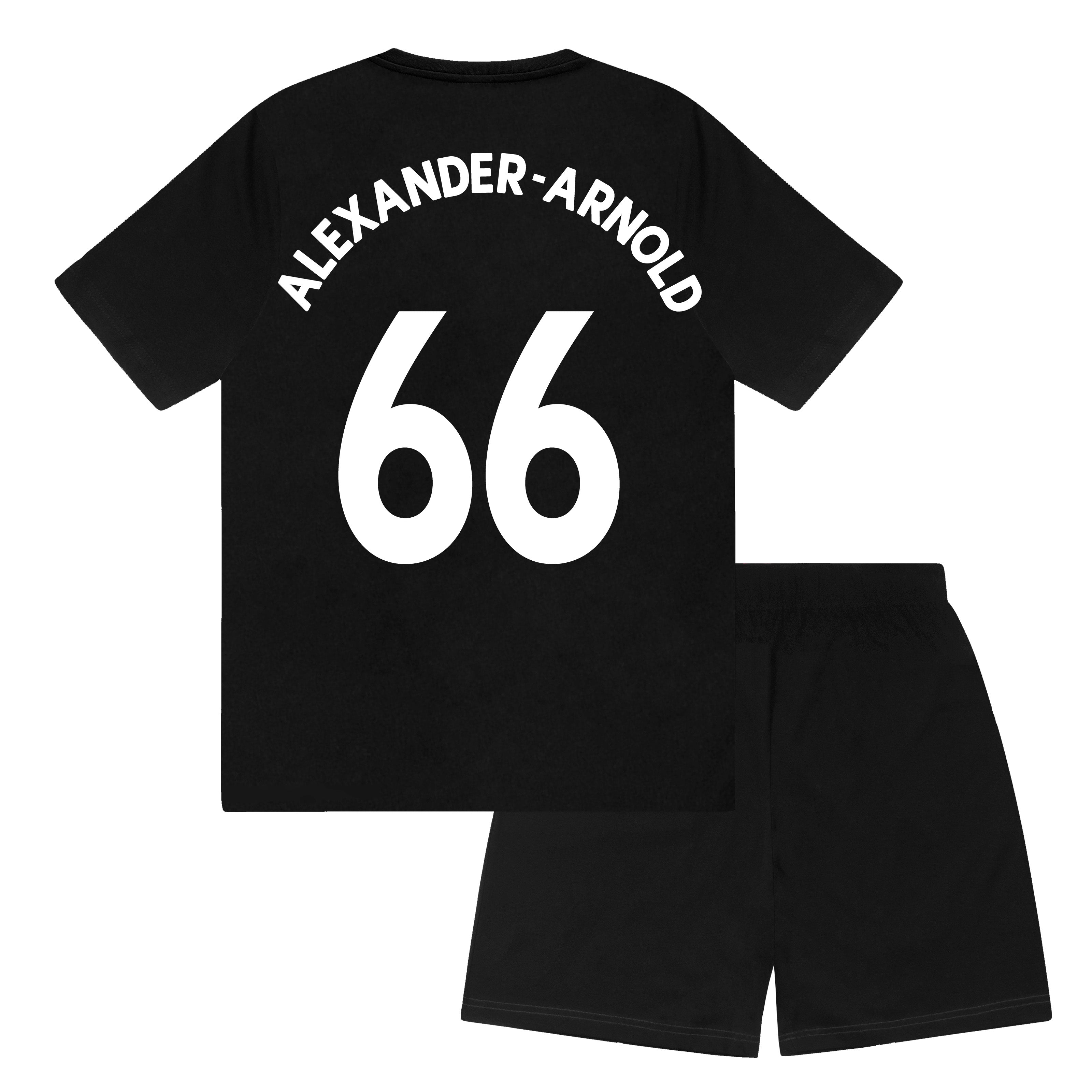 Liverpool kids pyjamas in black. Short sleeve top with graphic and shorts with logo to the left leg