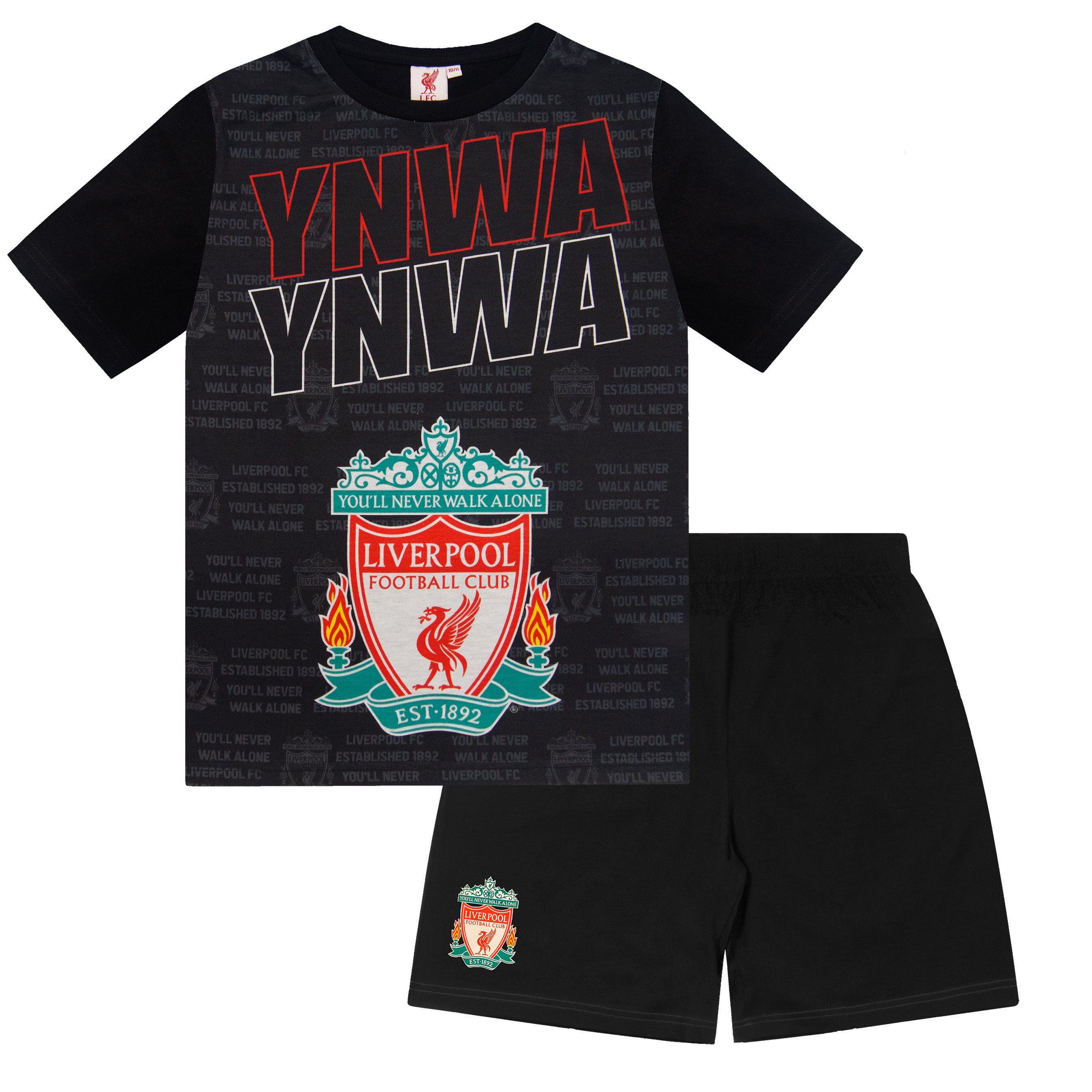 Liverpool kids pyjamas in black. Short sleeve top with graphic and shorts with logo to the left leg