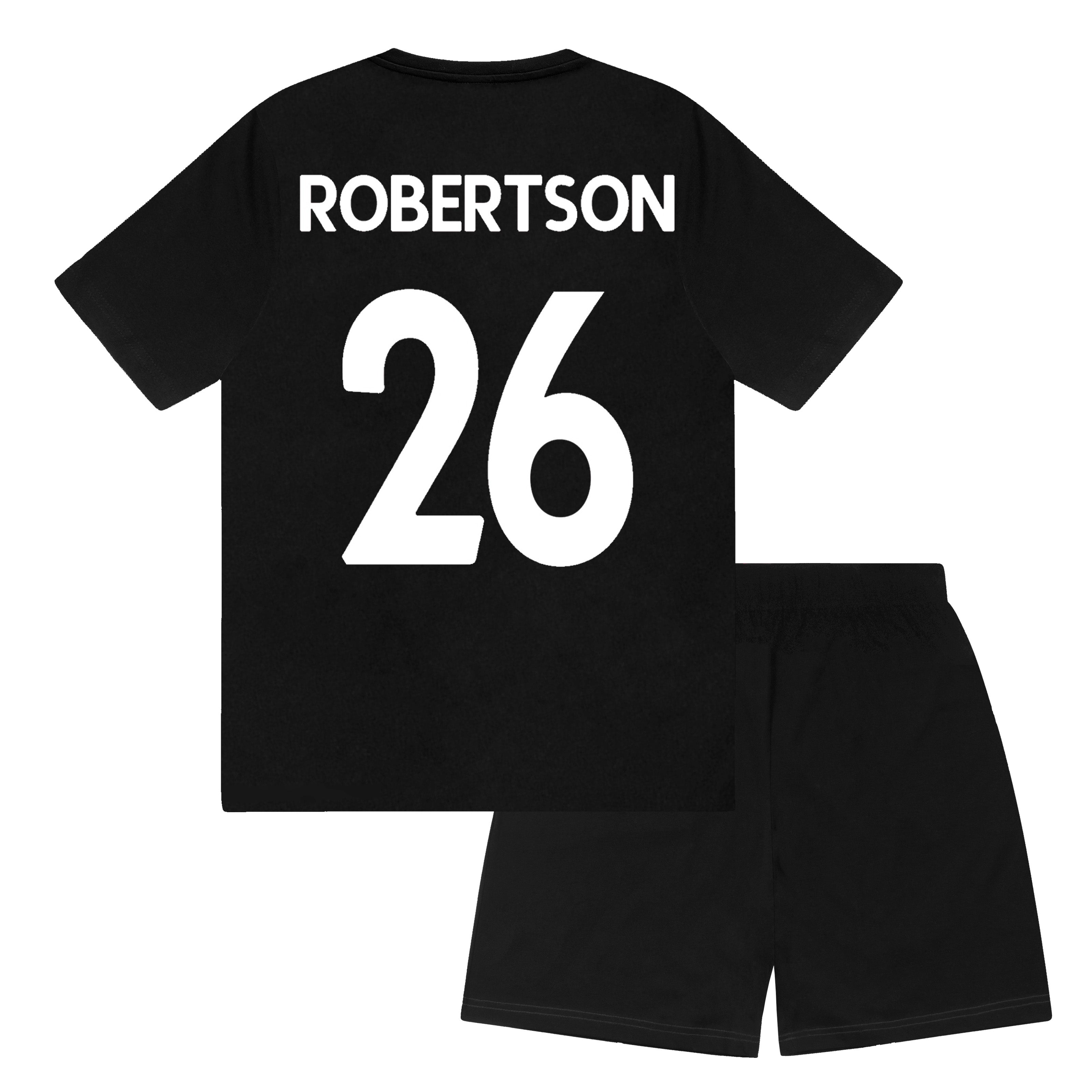 Liverpool kids pyjamas in black. Short sleeve top with graphic and shorts with logo to the left leg