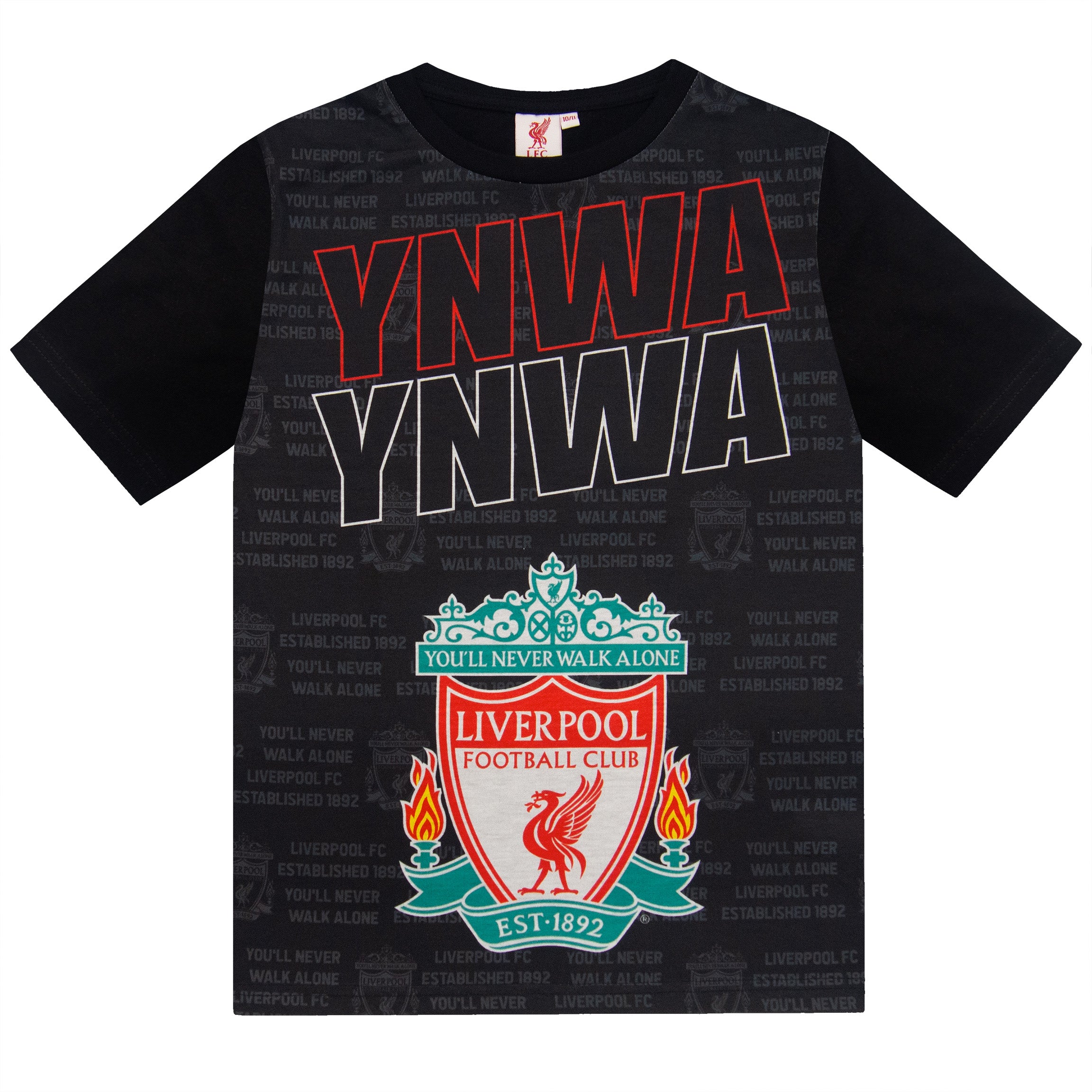 Liverpool kids pyjamas in black. Short sleeve top with graphic and shorts with logo to the left leg