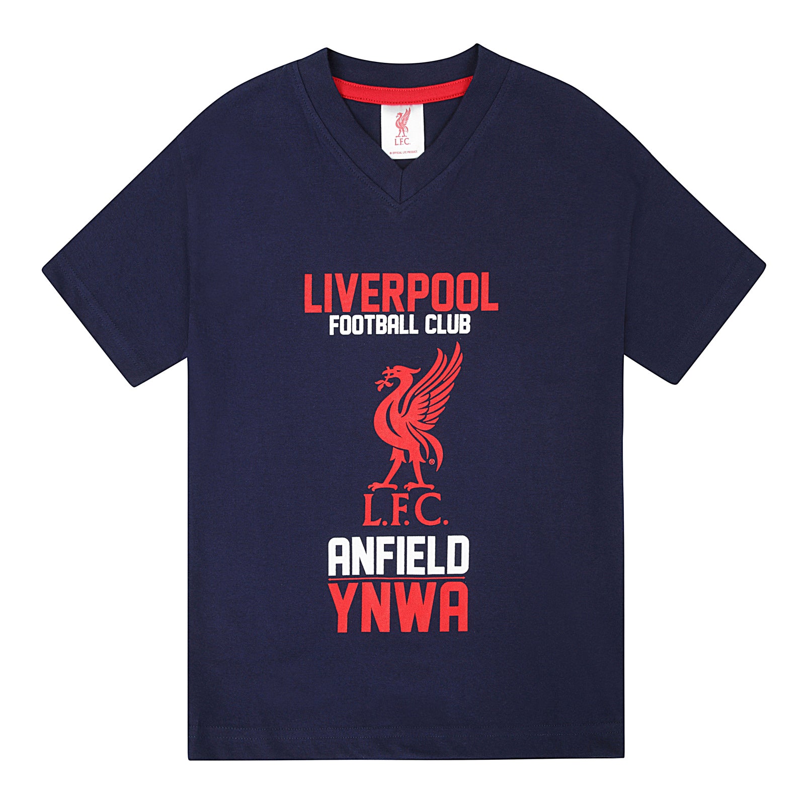 Liverpool kids pyjamas in navy. Short sleeve top with graphic and shorts with logo to the left leg