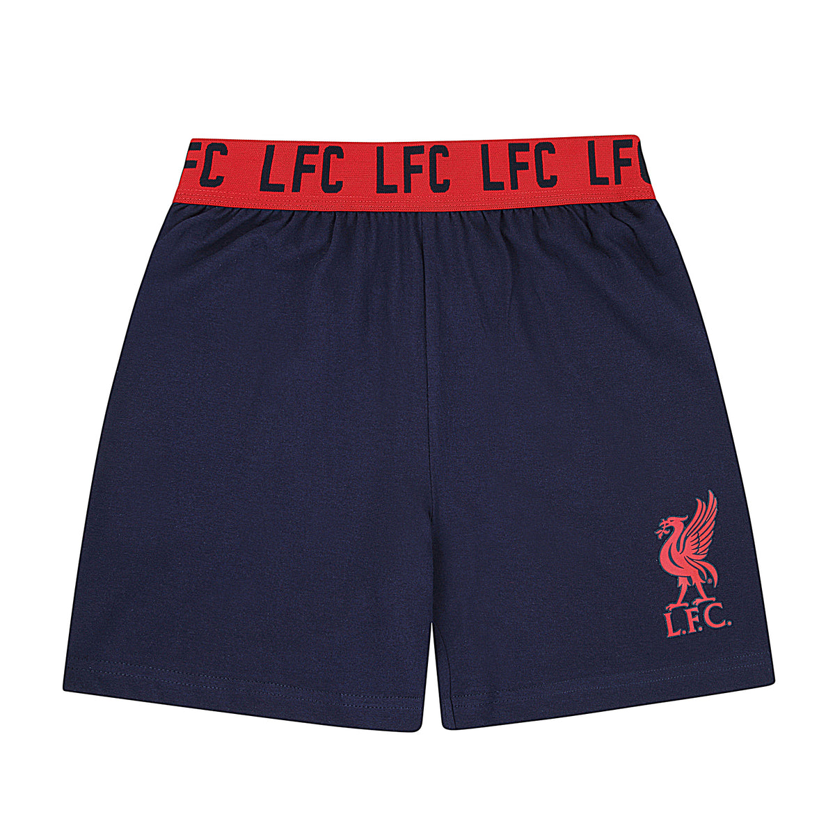 Liverpool kids pyjamas in navy. Short sleeve top with graphic and shorts with logo to the left leg