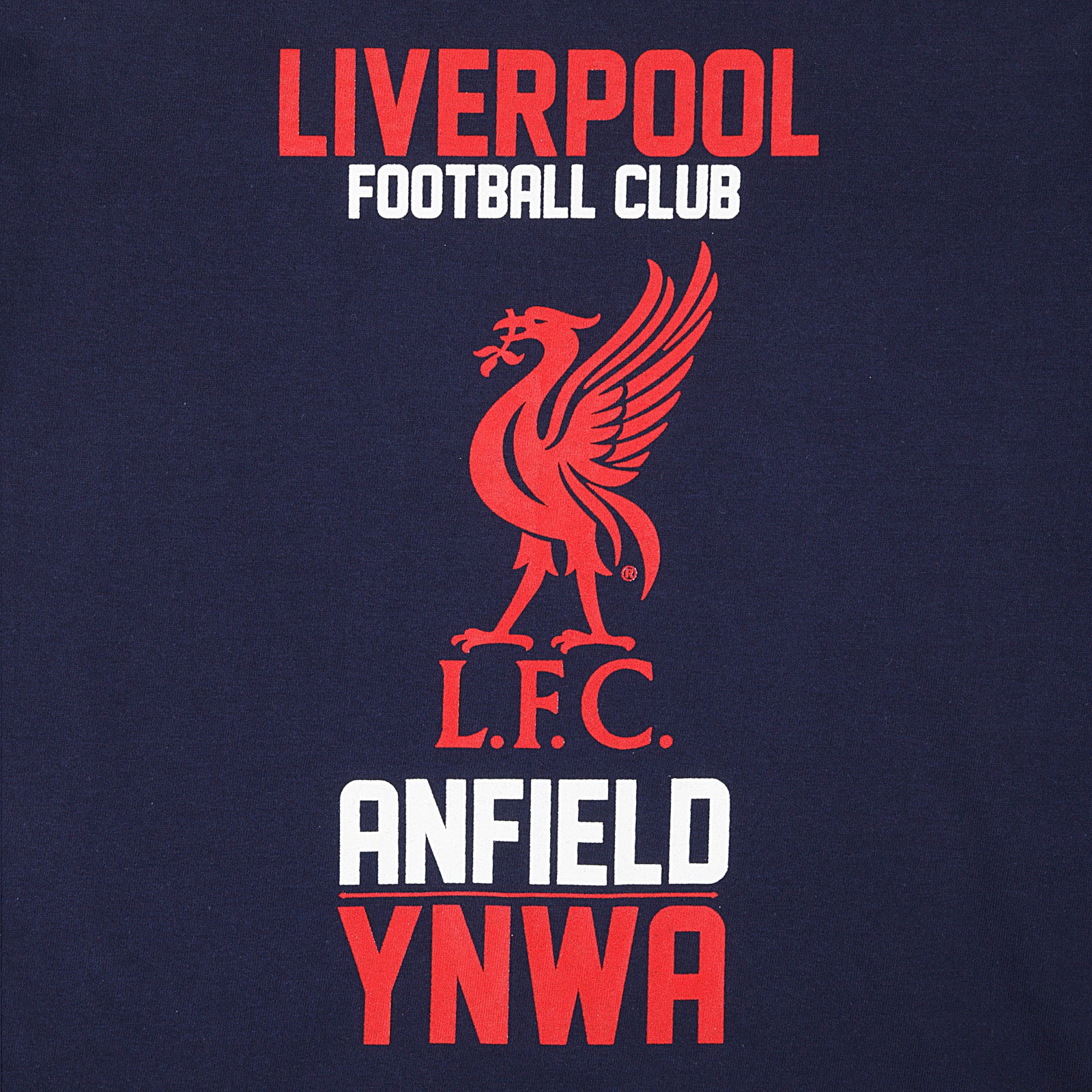 Liverpool kids pyjamas in navy. Short sleeve top with graphic and shorts with logo to the left leg