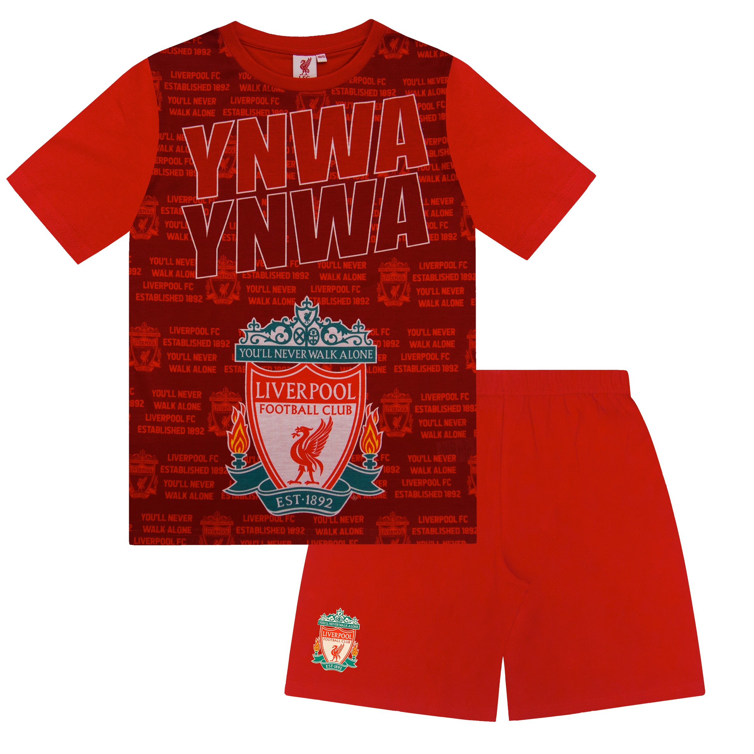 Liverpool kids pyjamas in red. Short sleeve top with graphic and shorts with logo to the left leg