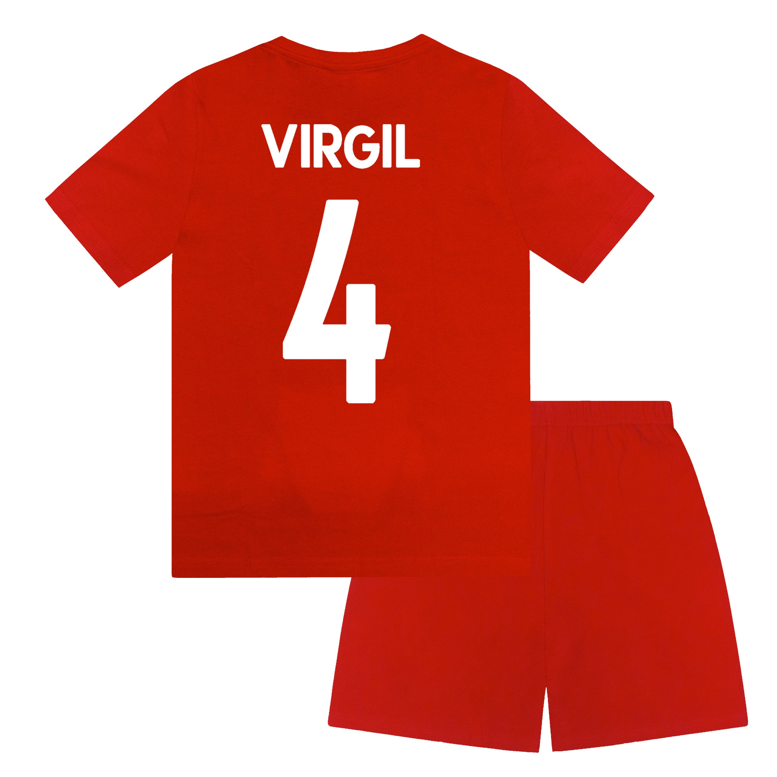 Liverpool kids pyjamas in red. Short sleeve top with graphic and shorts with logo to the left leg