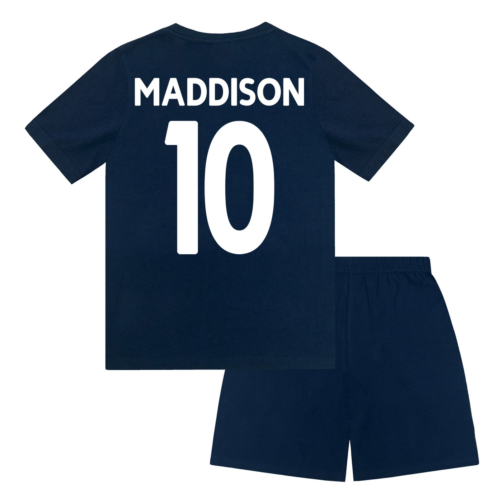 Spurs kids short pyjamas in navy blue. Short sleeve top with graphic and shorts with crest to the left leg