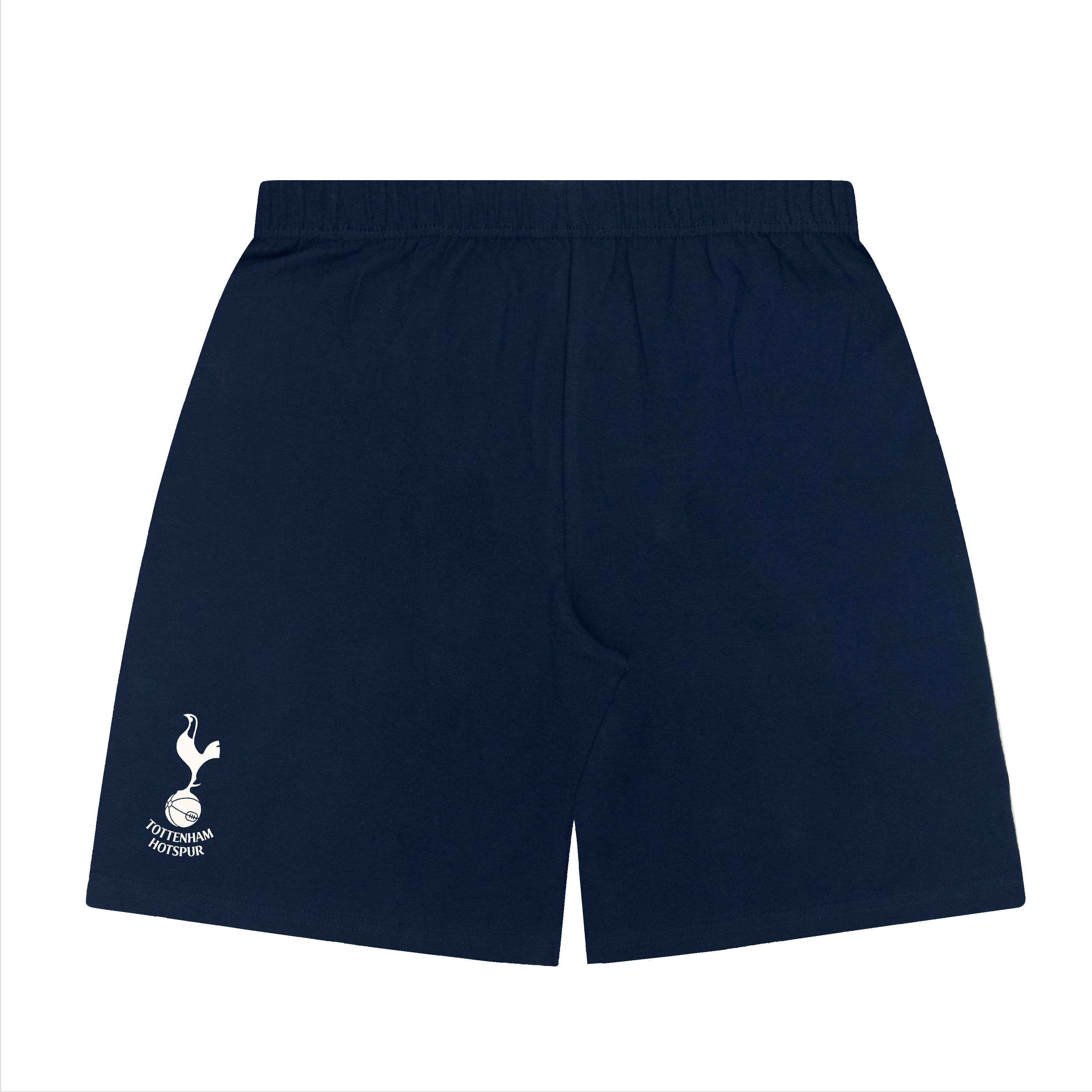 Spurs kids short pyjamas in navy blue. Short sleeve top with graphic and shorts with crest to the left leg