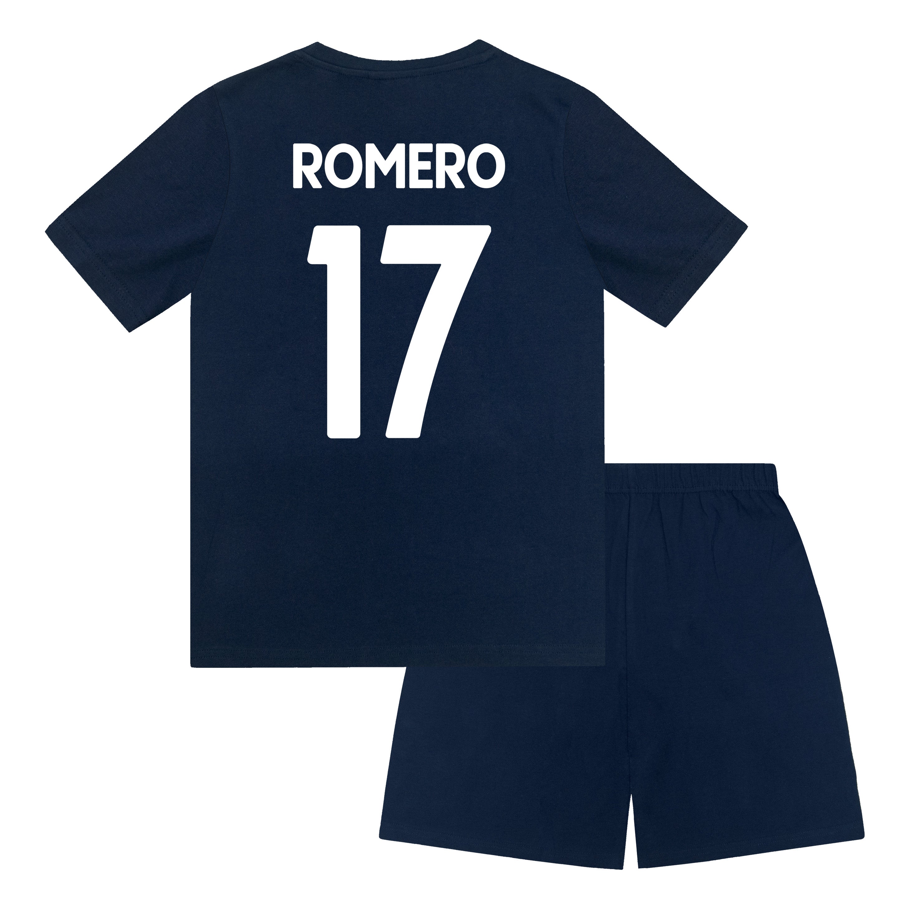 Spurs kids short pyjamas in navy blue. Short sleeve top with graphic and shorts with crest to the left leg